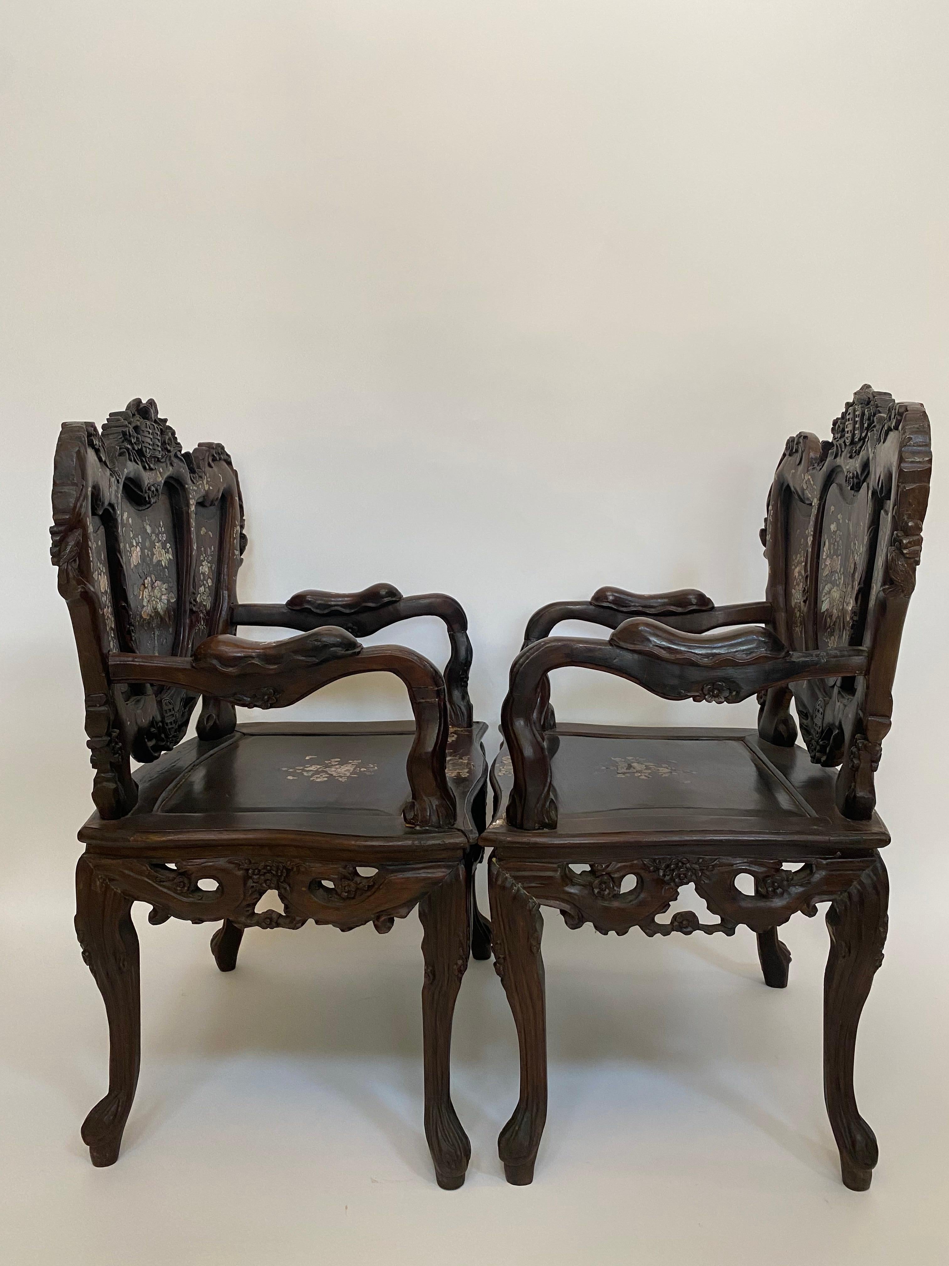 Pair of Mother of Pearl Inlay Chinese Armchairs For Sale 9