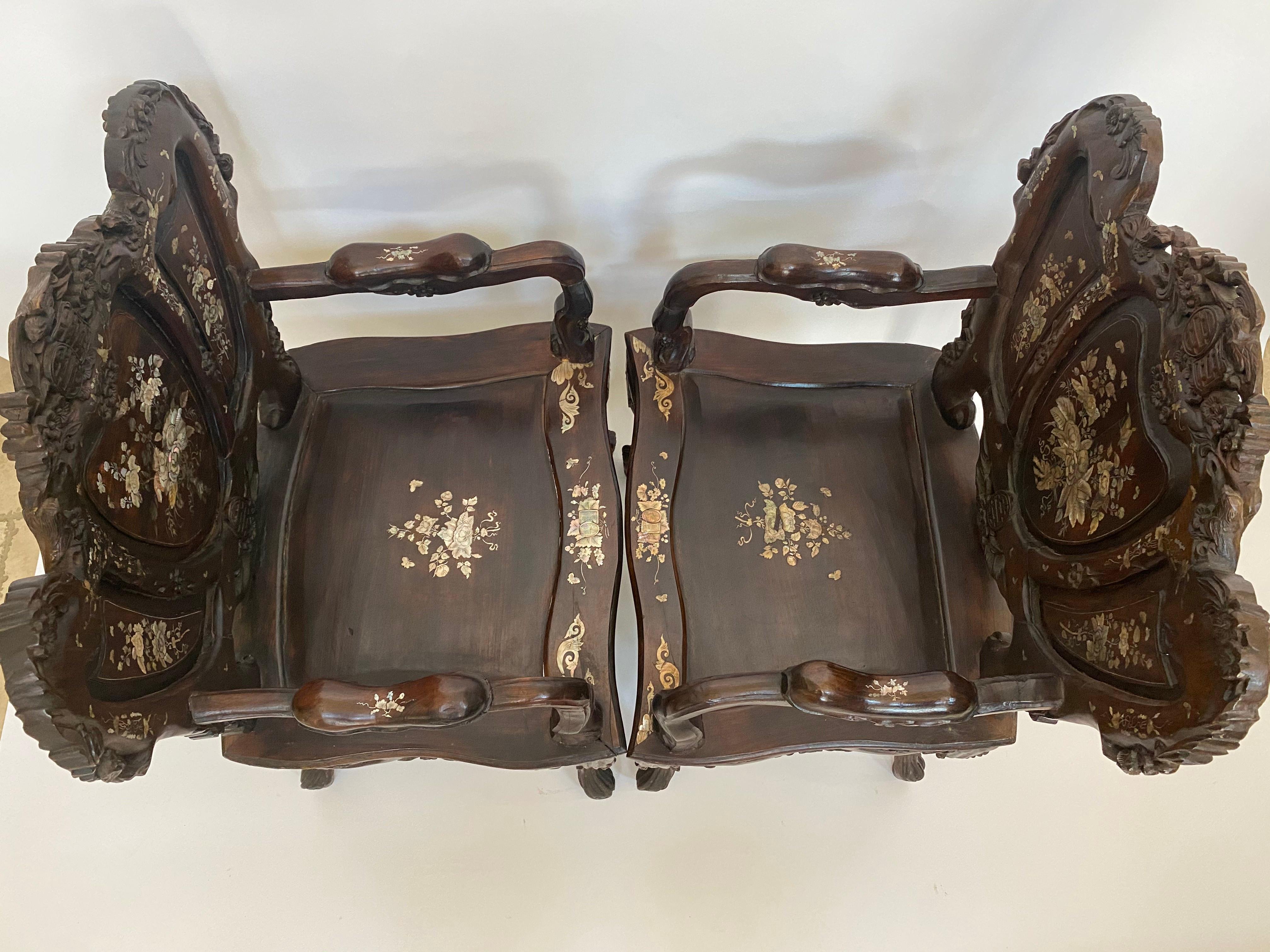 Pair of Mother of Pearl Inlay Chinese Armchairs For Sale 11