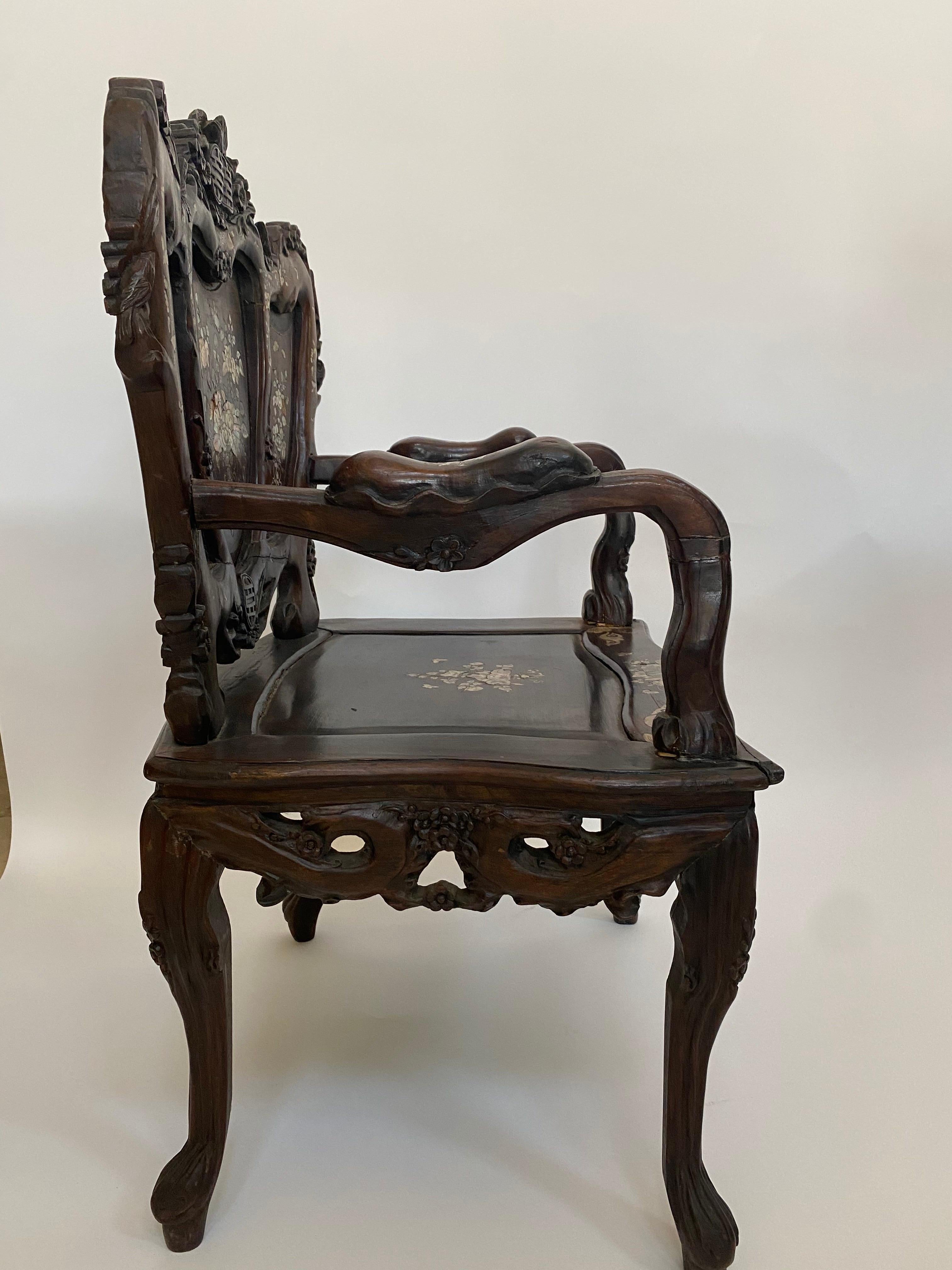 Pair of Mother of Pearl Inlay Chinese Armchairs In Good Condition For Sale In Brea, CA