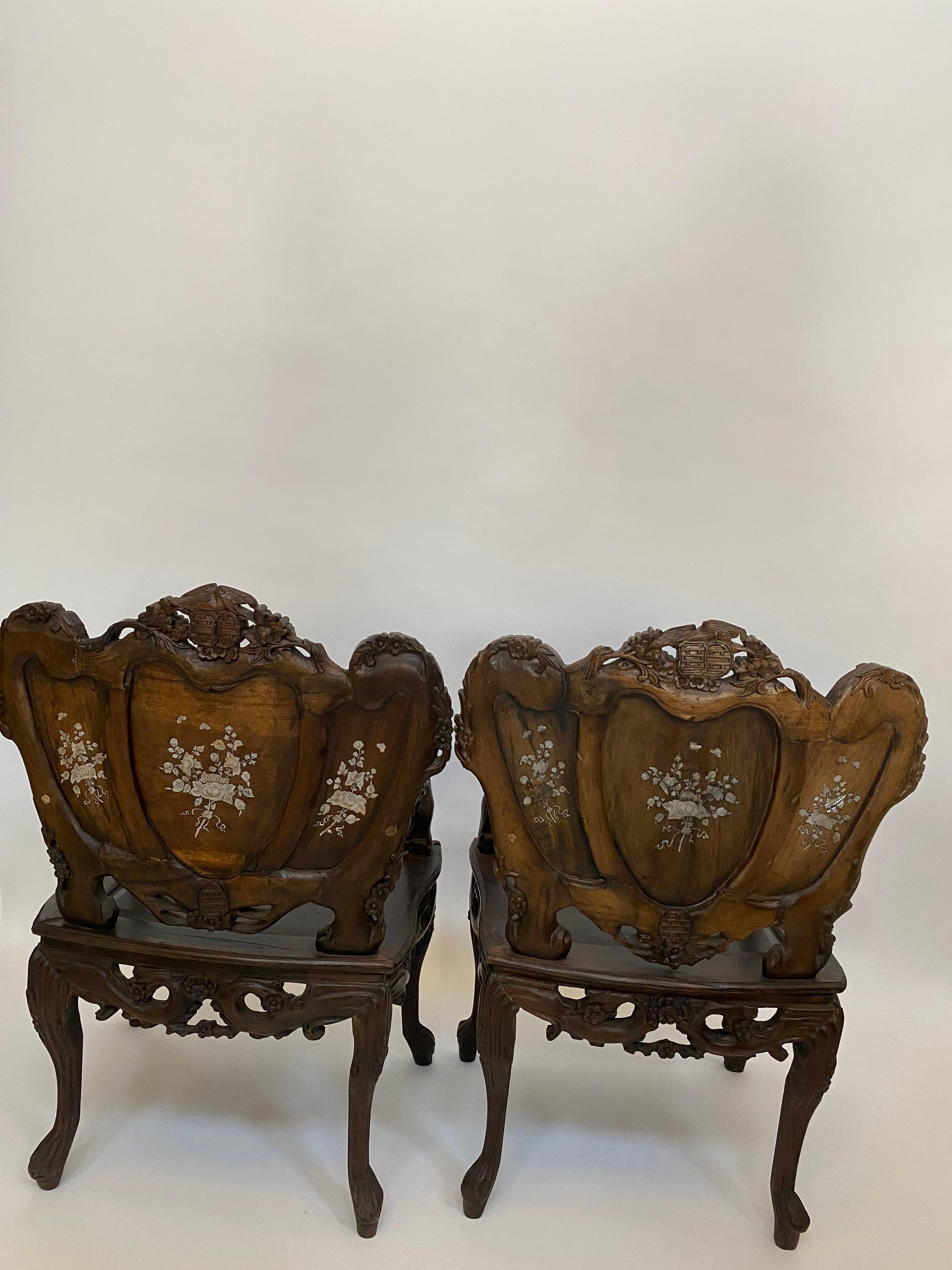 Hardwood Pair of Mother of Pearl Inlay Chinese Armchairs For Sale