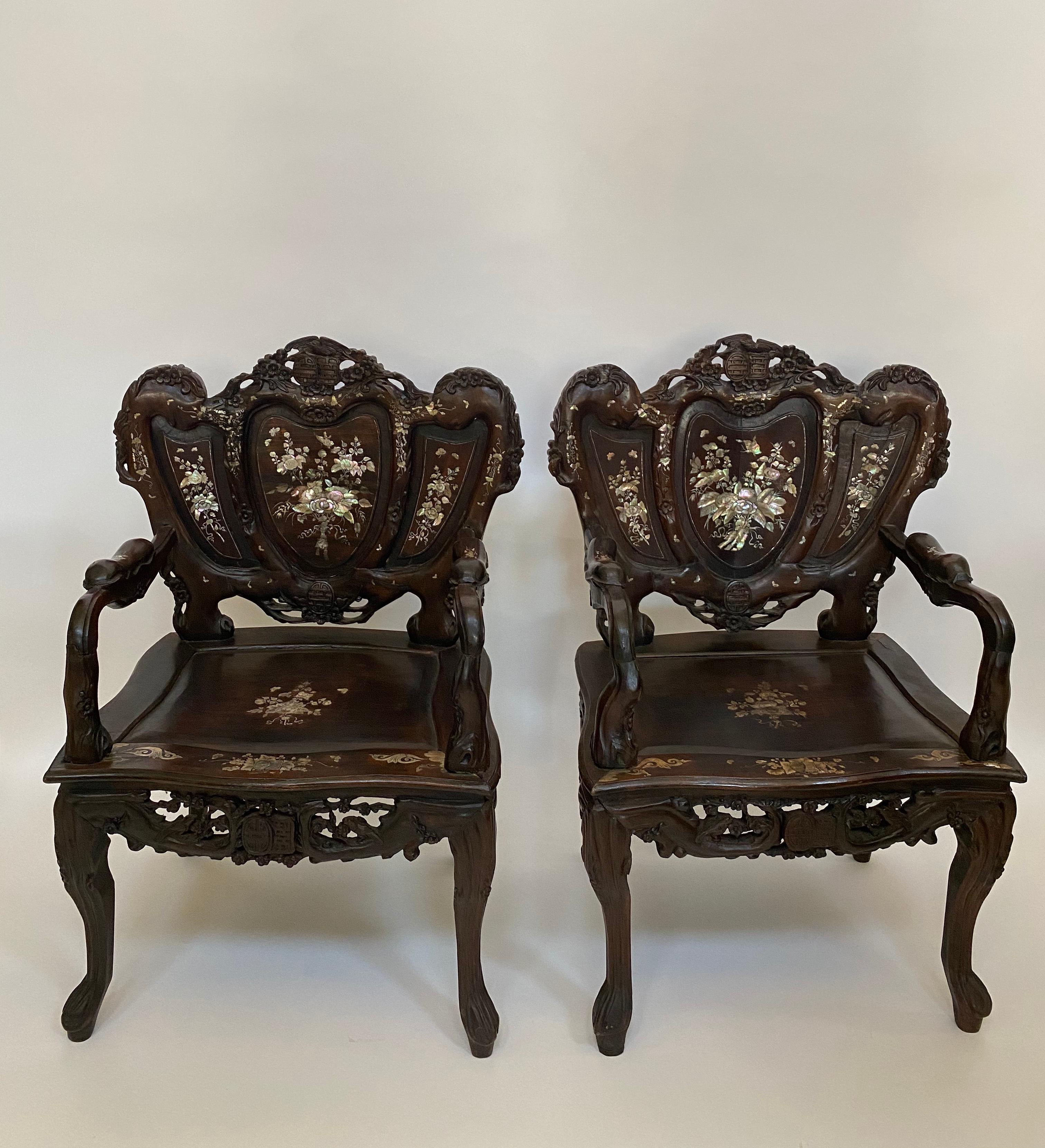 Pair of Mother of Pearl Inlay Chinese Armchairs For Sale 1