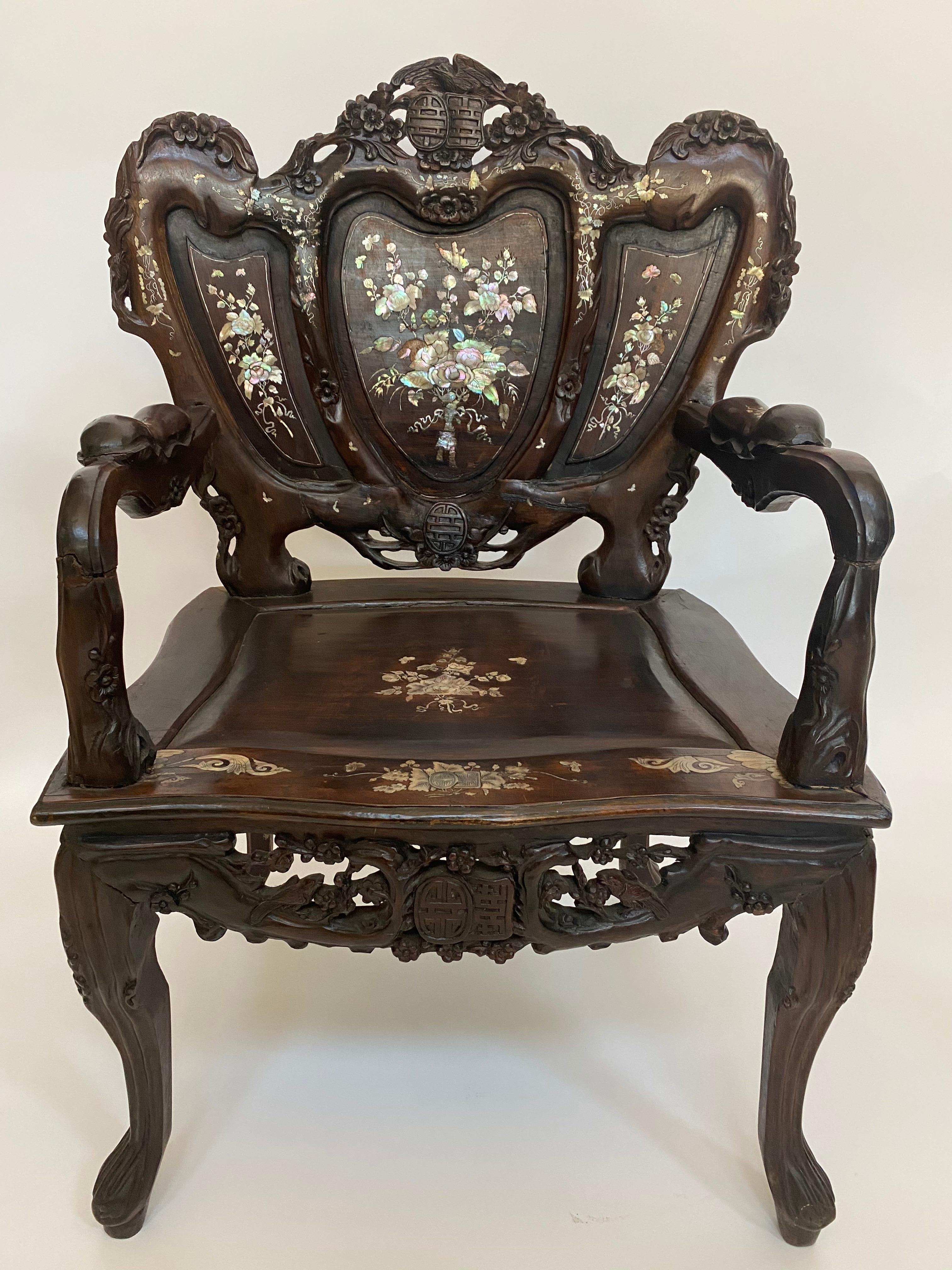 Pair of Mother of Pearl Inlay Chinese Armchairs For Sale 2