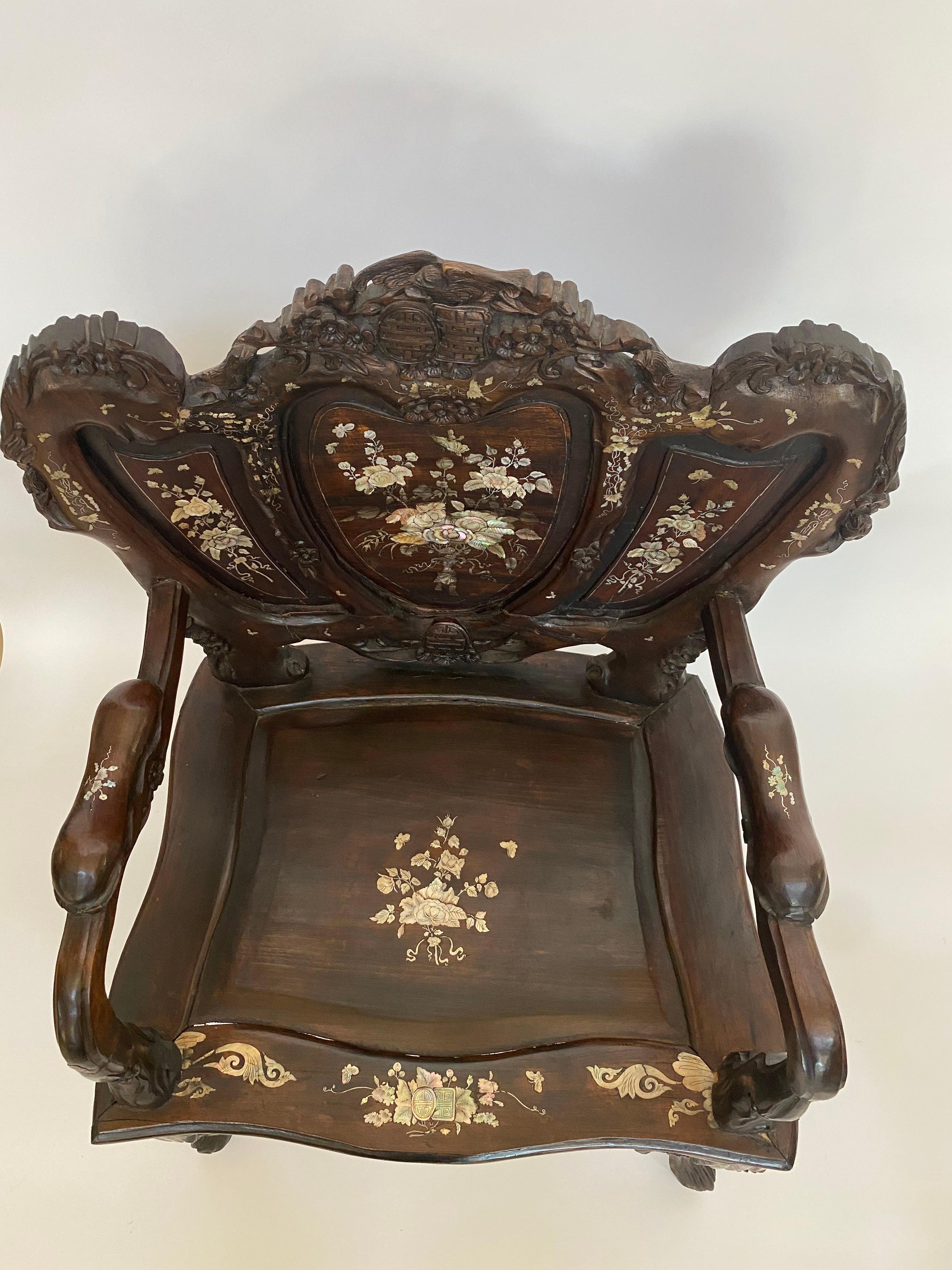 Pair of Mother of Pearl Inlay Chinese Armchairs For Sale 3