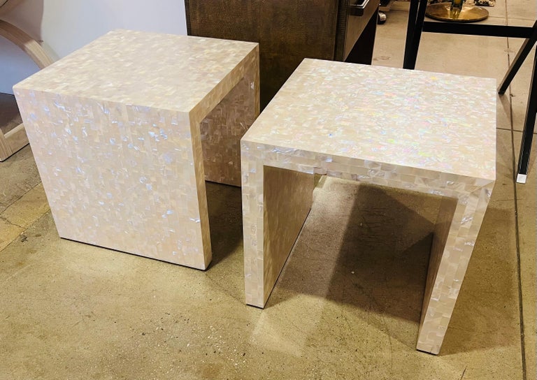 Pair of mother of pearl glamorous side tables designed by OscarDe La Renta for Century Furniture.
