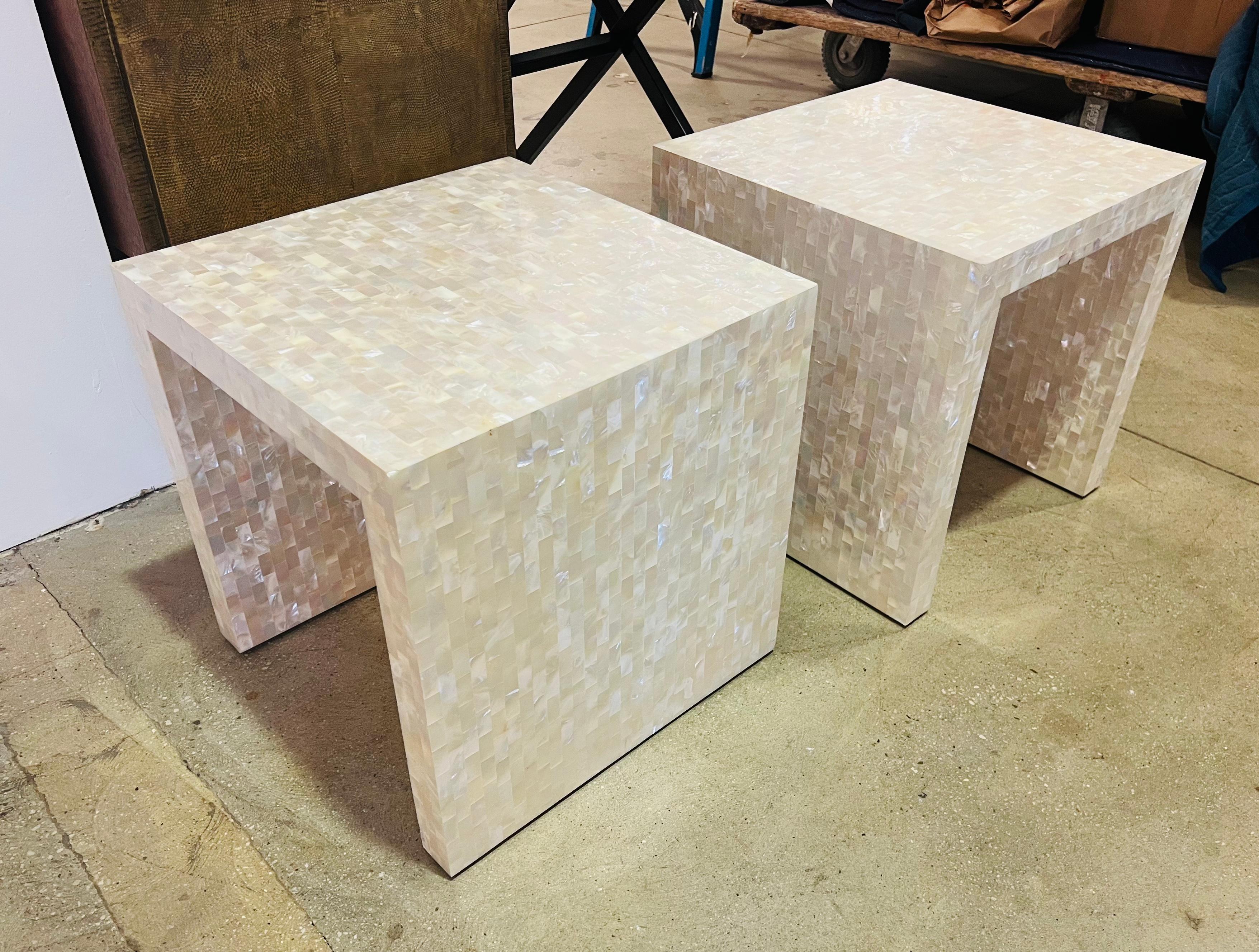 Pair of Mother of Pearl Oscar De La Renta Side Tables In Good Condition For Sale In New York, NY
