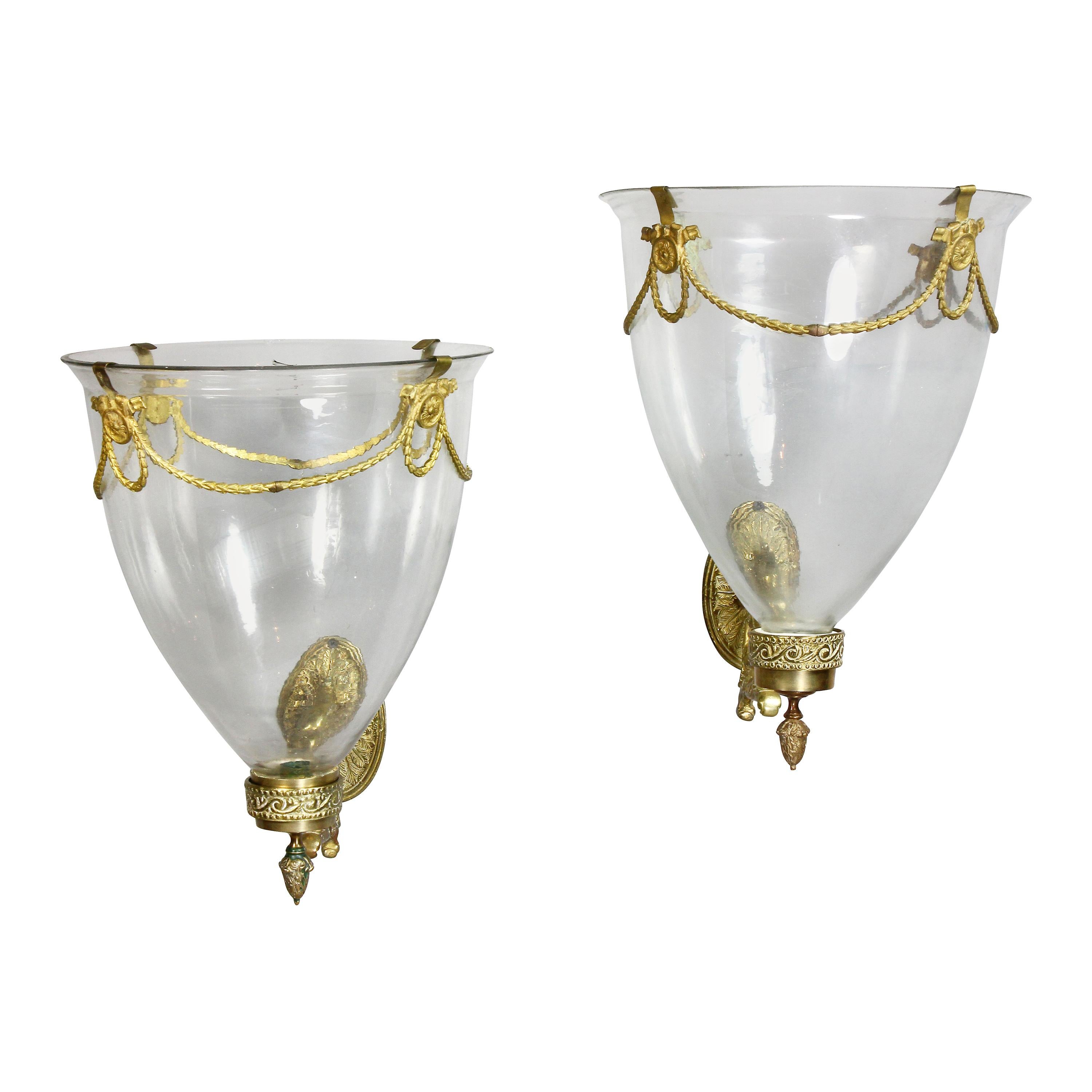 Pair of Mottehedah Glass and Metal Wall Mounted Hurricane Shades