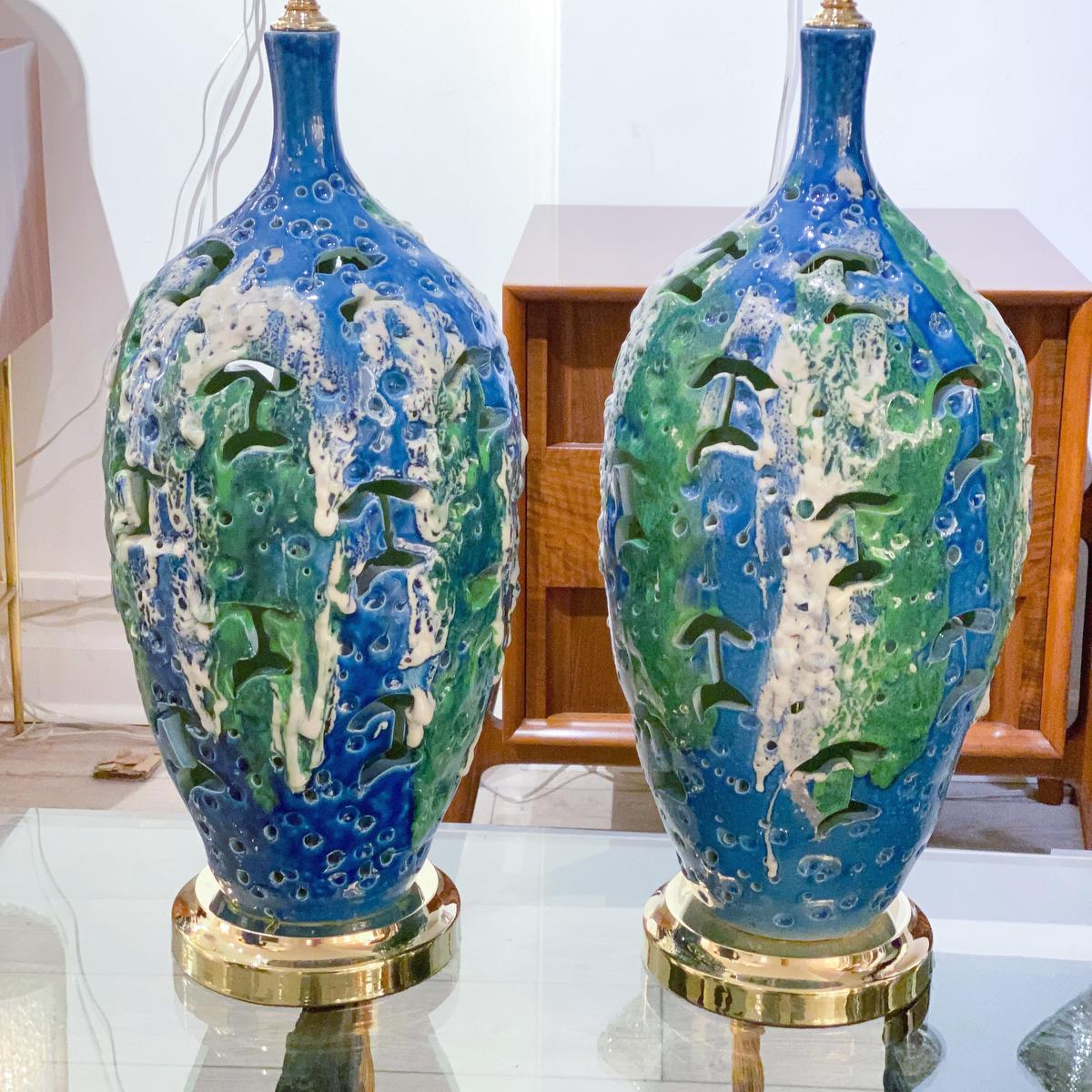 Mid-Century Modern Pair of Mottled Openwork Ceramic Table Lamps