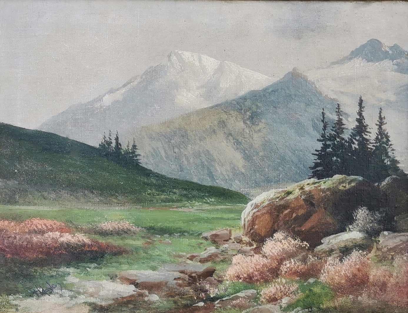 pair of mountain landscape paintings by Henry Marko - 1890 For Sale 1