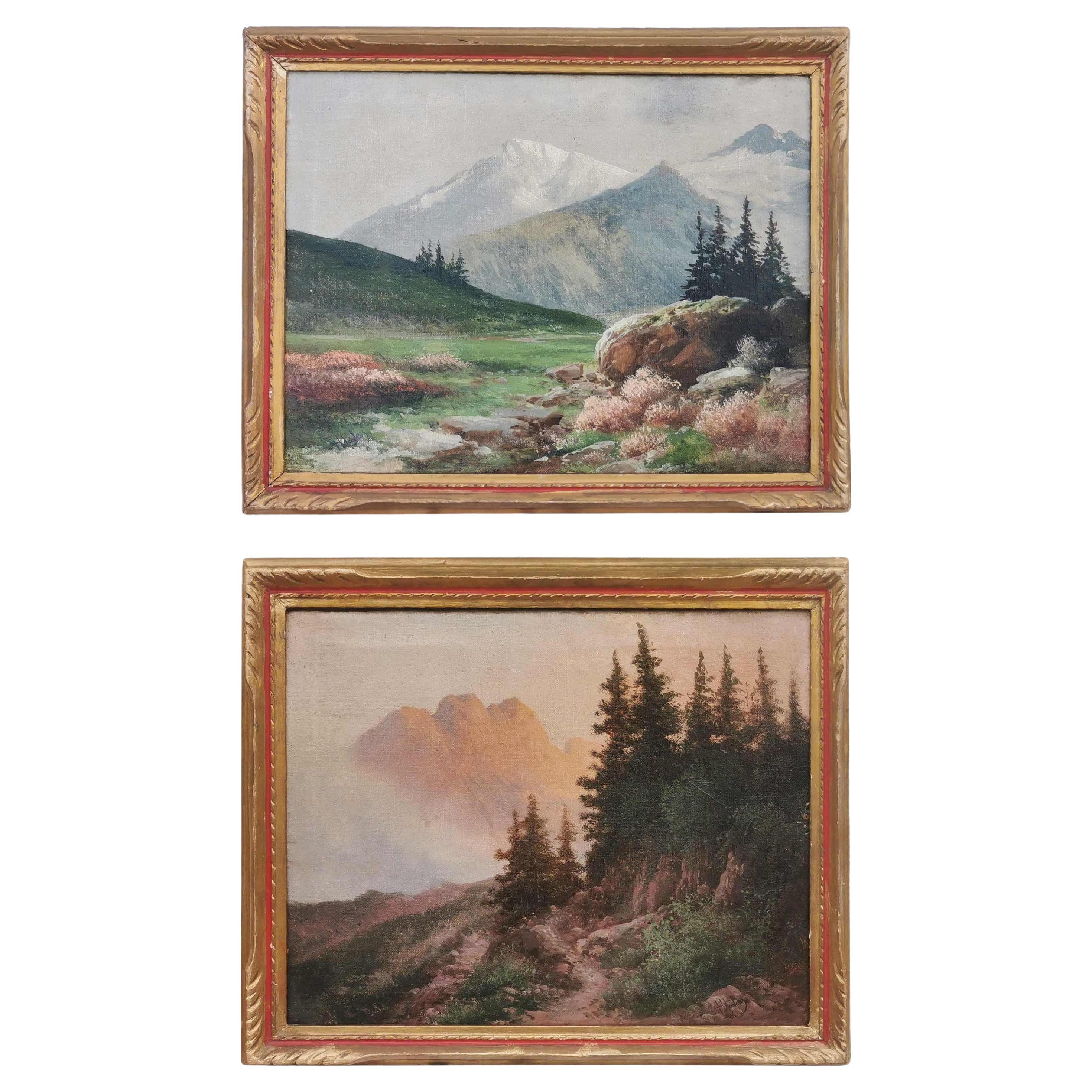 pair of mountain landscape paintings by Henry Marko - 1890 For Sale