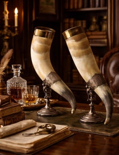 Pair of Mounted Drinking Horns Drinking Glass on Stand Early 20th Century Silver