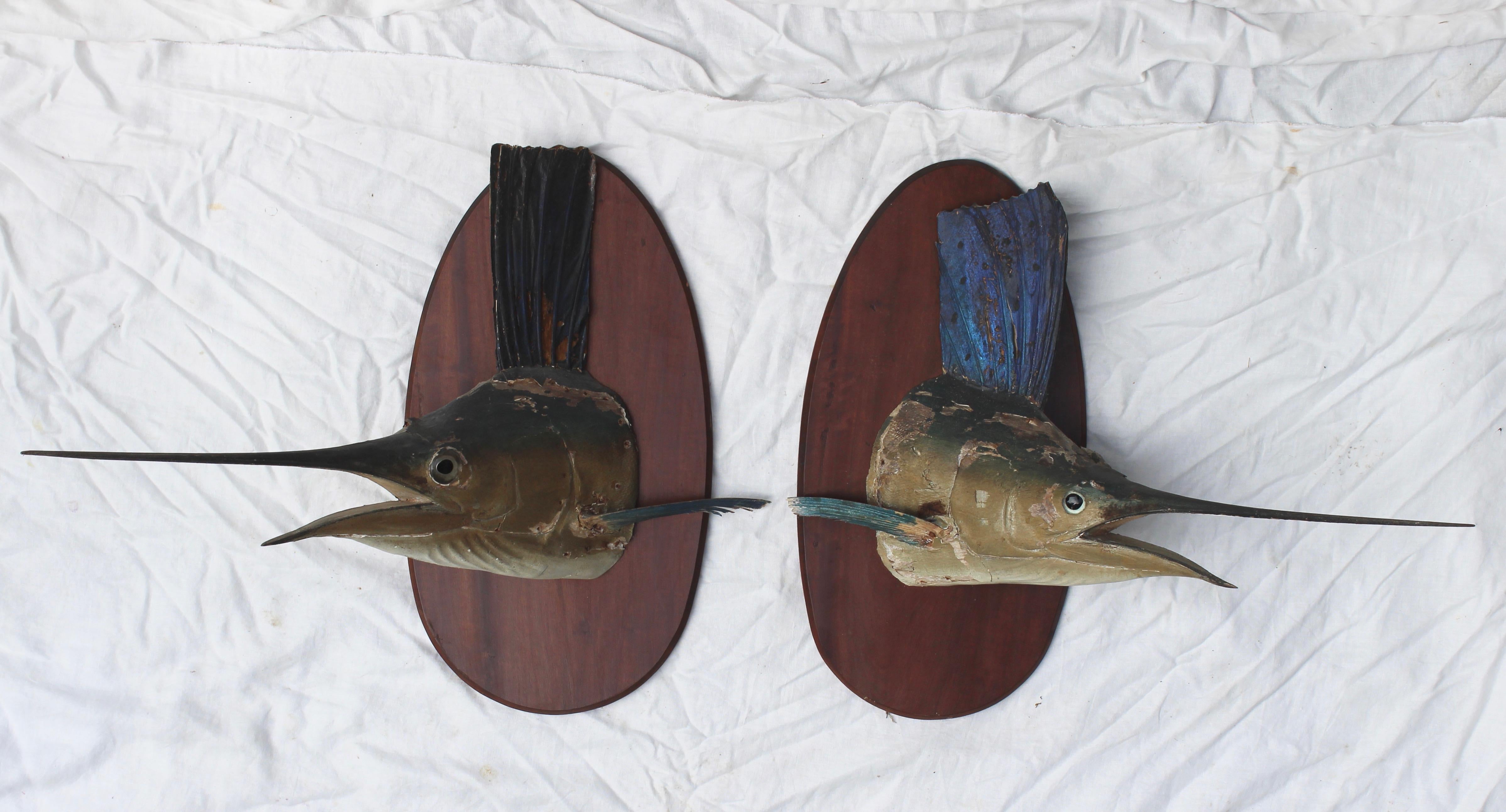 Pair of wood sculptures of Swordfish mounted on oval wood plaques.