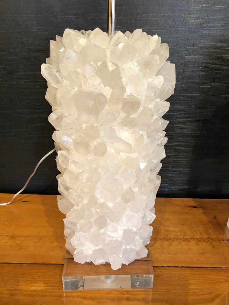 Contemporary Pair of Moviestar Glam Custom Made Rock Crystal and Lucite Table Lamps