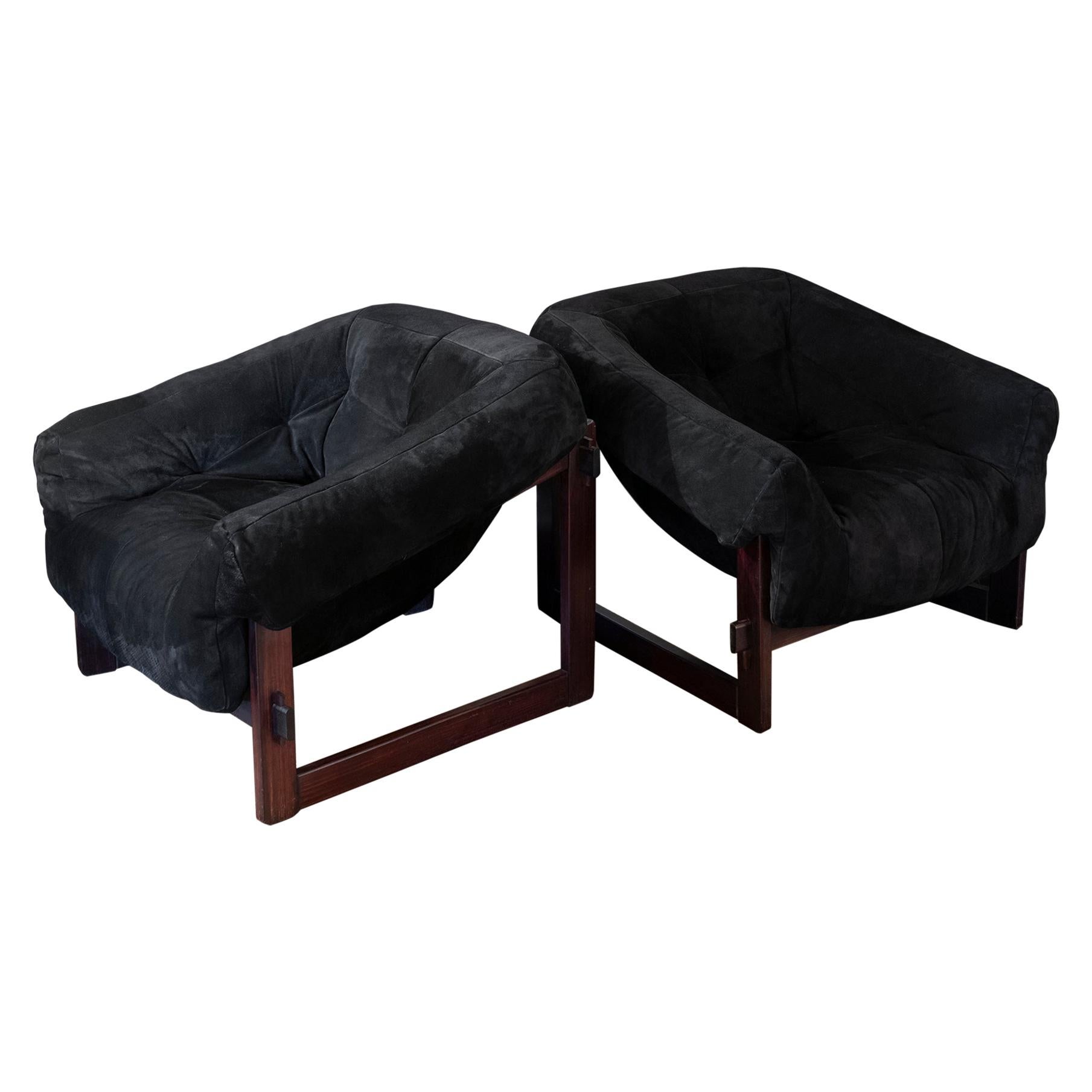 Pair of MP-091 Wood and Black Leather Lounge Chairs by Percival Lafer