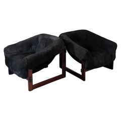 Pair of MP-091 Wood and Black Leather Lounge Chairs by Percival Lafer