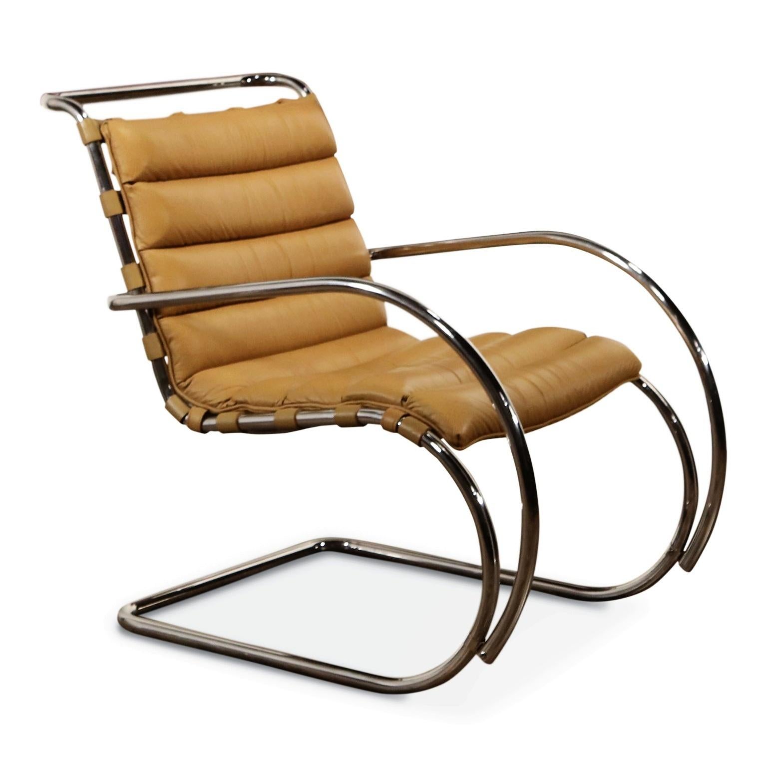 An incredible pair of early production double-signed MR armchairs by Ludwig Mies van der Rohe for Knoll International, date stamped June 1978 productions, both pairs possess their original Knoll International tags to the leather seat cushions and