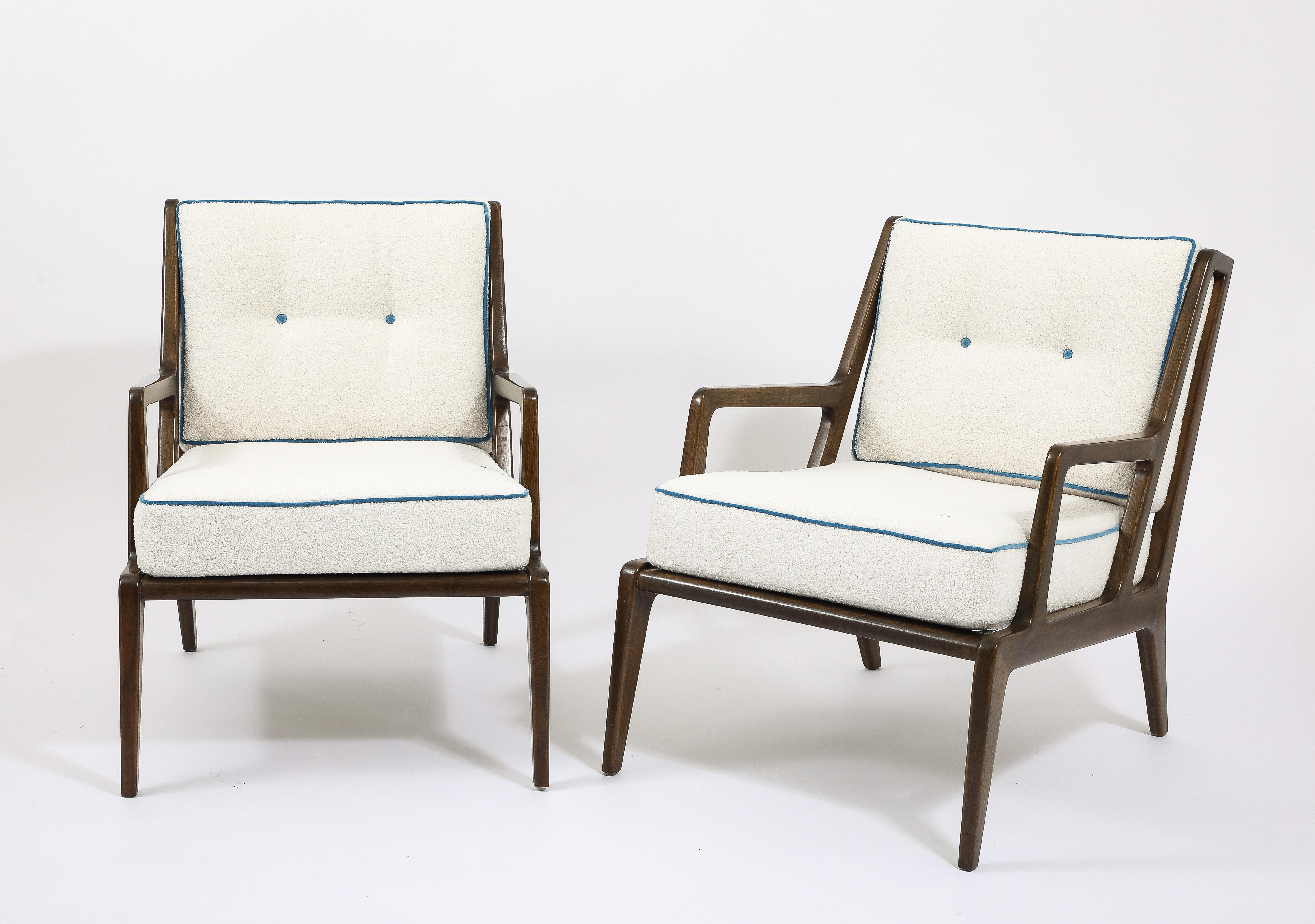 A pair walnut armchairs, frequently attributed to Bertha Schaeffer and other designers associated with S&S, they have great joinery and a very lightweight structure. These have been refinished and
reupholstered.
