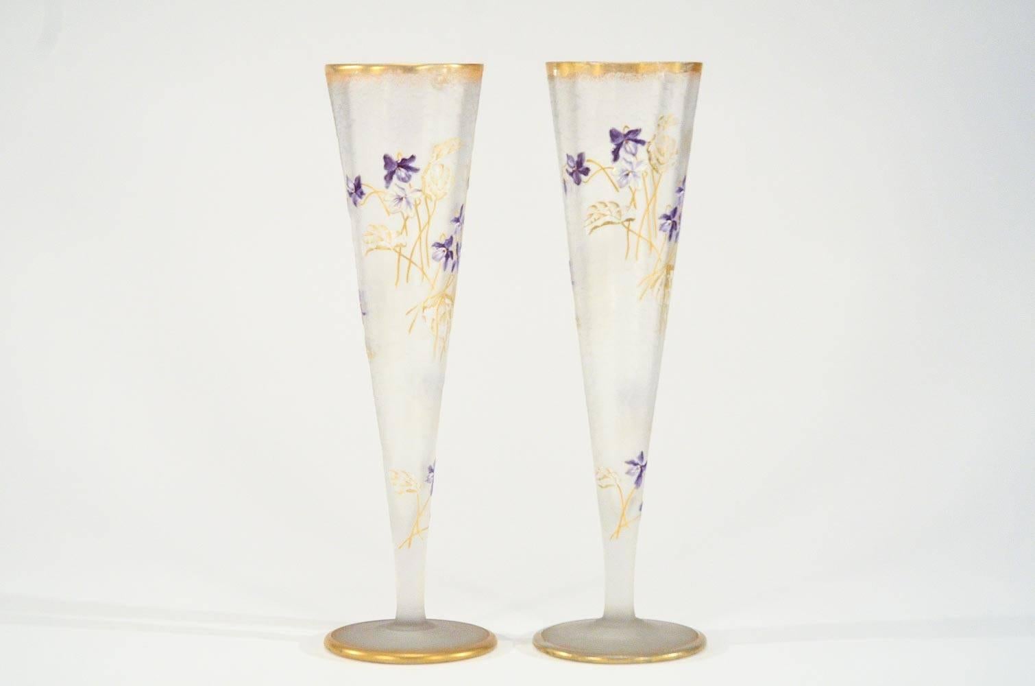 This closely matched pair of Art Nouveau Art Glass vases was made by the French Glass Company, Mt. Joye ca.1890-1900. Standing 15