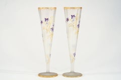 Pair of Mt. Joye Cameo Glass Tall Trumpet Vases with Violets & Gold Decoration