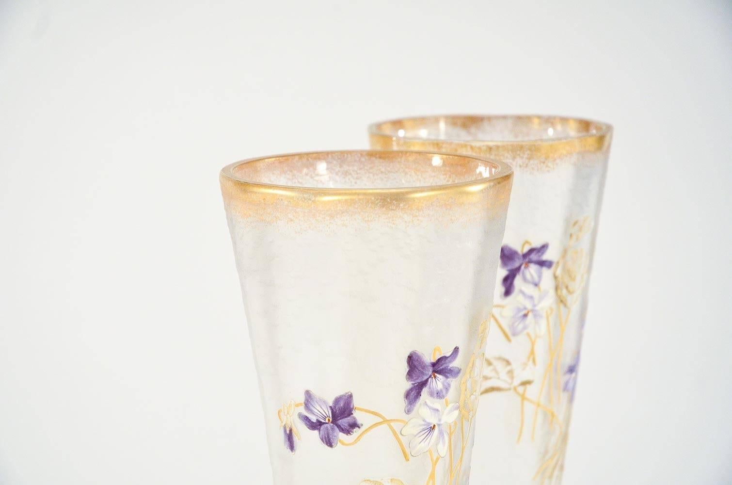 Gilt Pair of Mt. Joye Cameo Glass Tall Trumpet Vases with Violets & Gold Decoration For Sale