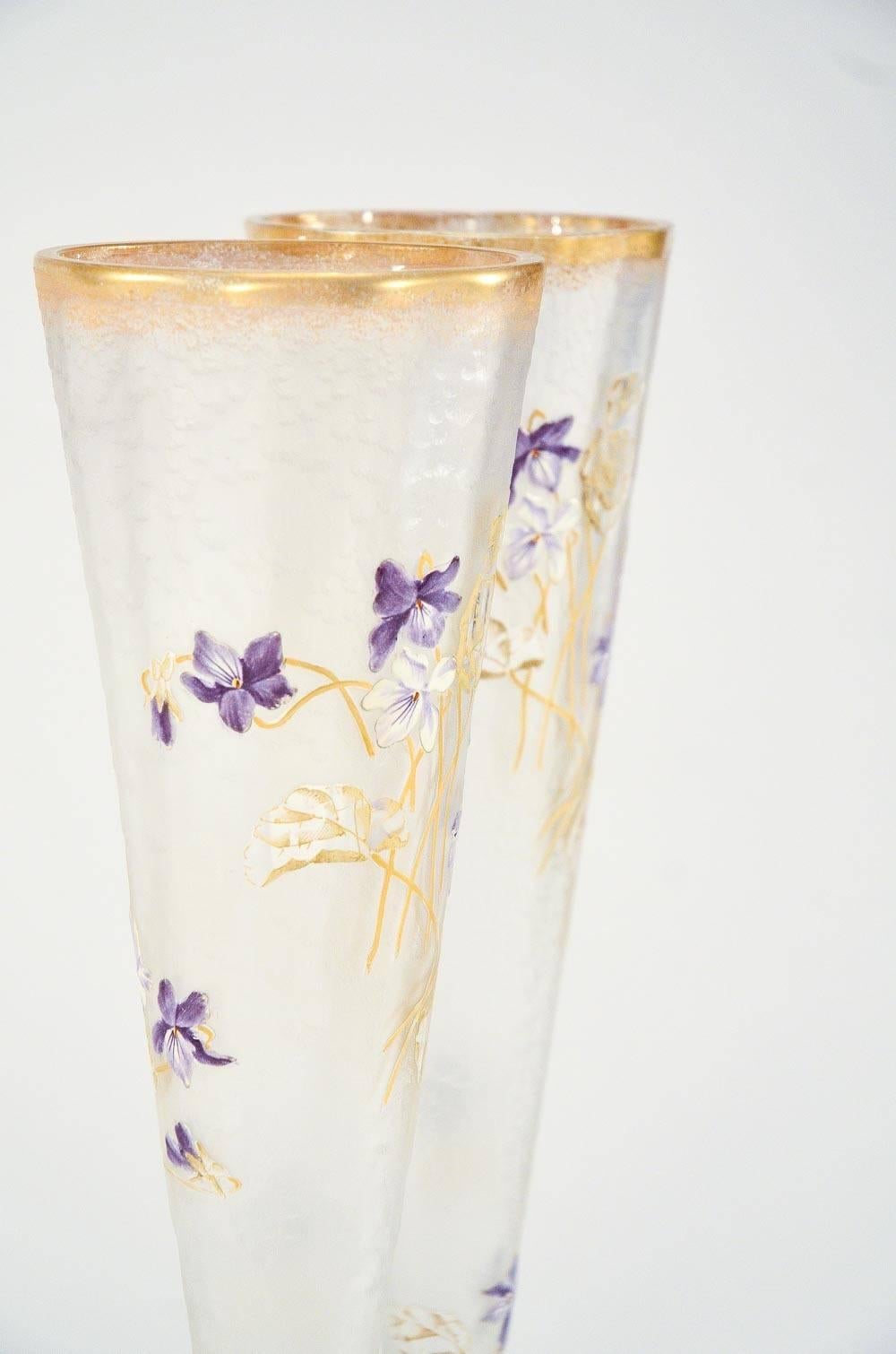 Pair of Mt. Joye Cameo Glass Tall Trumpet Vases with Violets & Gold Decoration In Excellent Condition For Sale In Great Barrington, MA