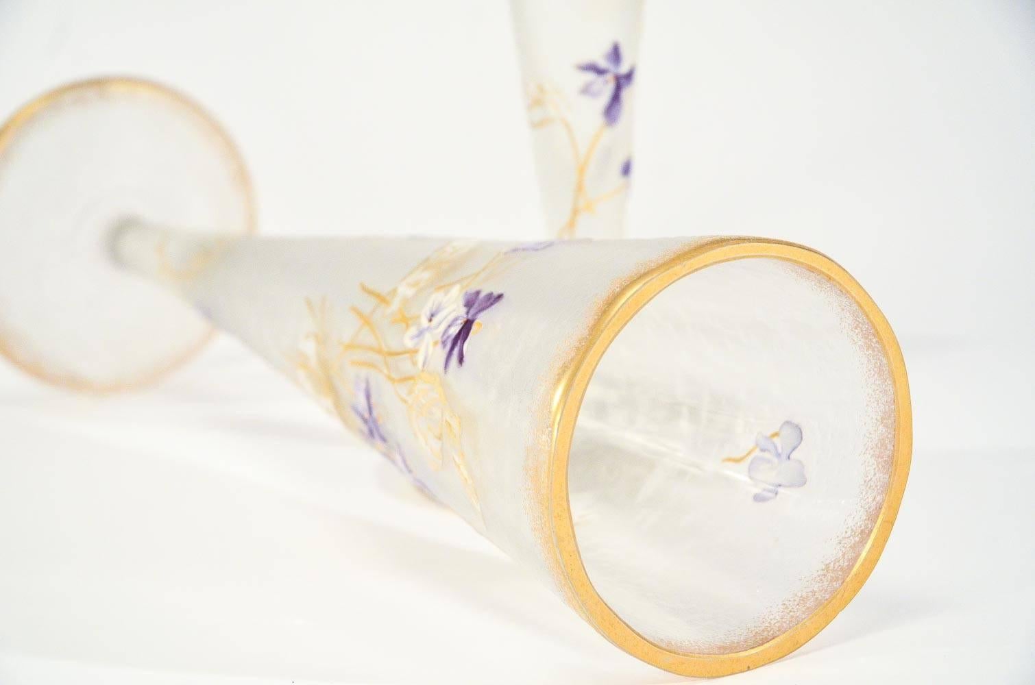Late 19th Century Pair of Mt. Joye Cameo Glass Tall Trumpet Vases with Violets & Gold Decoration For Sale