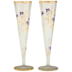 Antique Pair of Mt. Joye Cameo Glass Tall Trumpet Vases with Violets & Gold Decoration