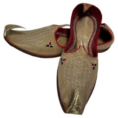 Pair of Mughal Court Shoes Gold Embroidered Leather, India, Mid 20th Century