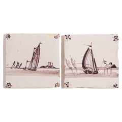 Pair of mulberry faience tiles of sailing vessels, c. 1700's