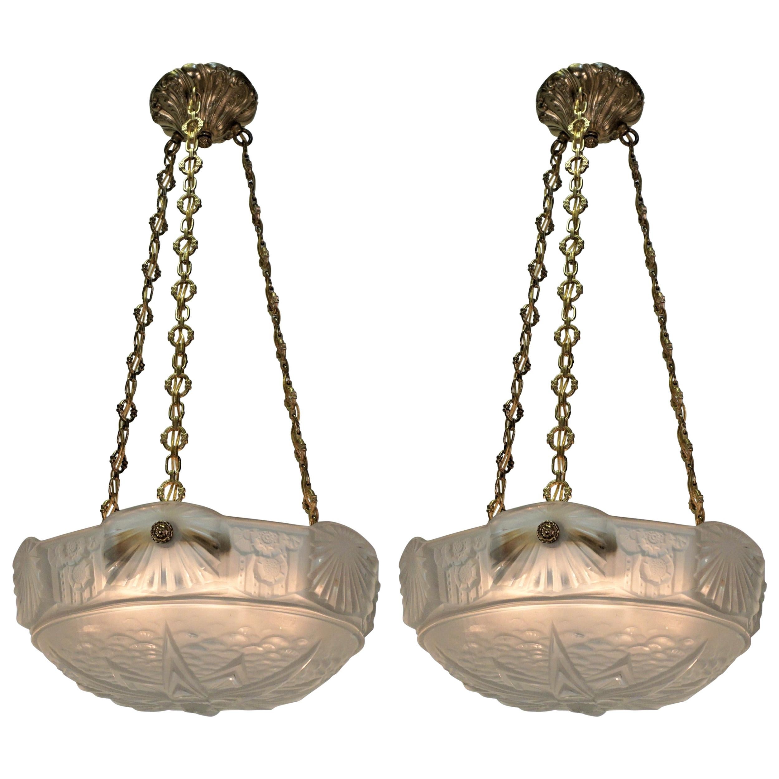 Pair of Muller Freres Art Deco Glass and Bronze Chandelier