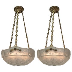 Pair of Muller Freres Art Deco Glass and Bronze Chandelier