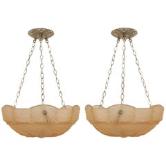 Antique Pair of Muller Freres French Art Deco Freres Rose Glass Pendant Chandeliers