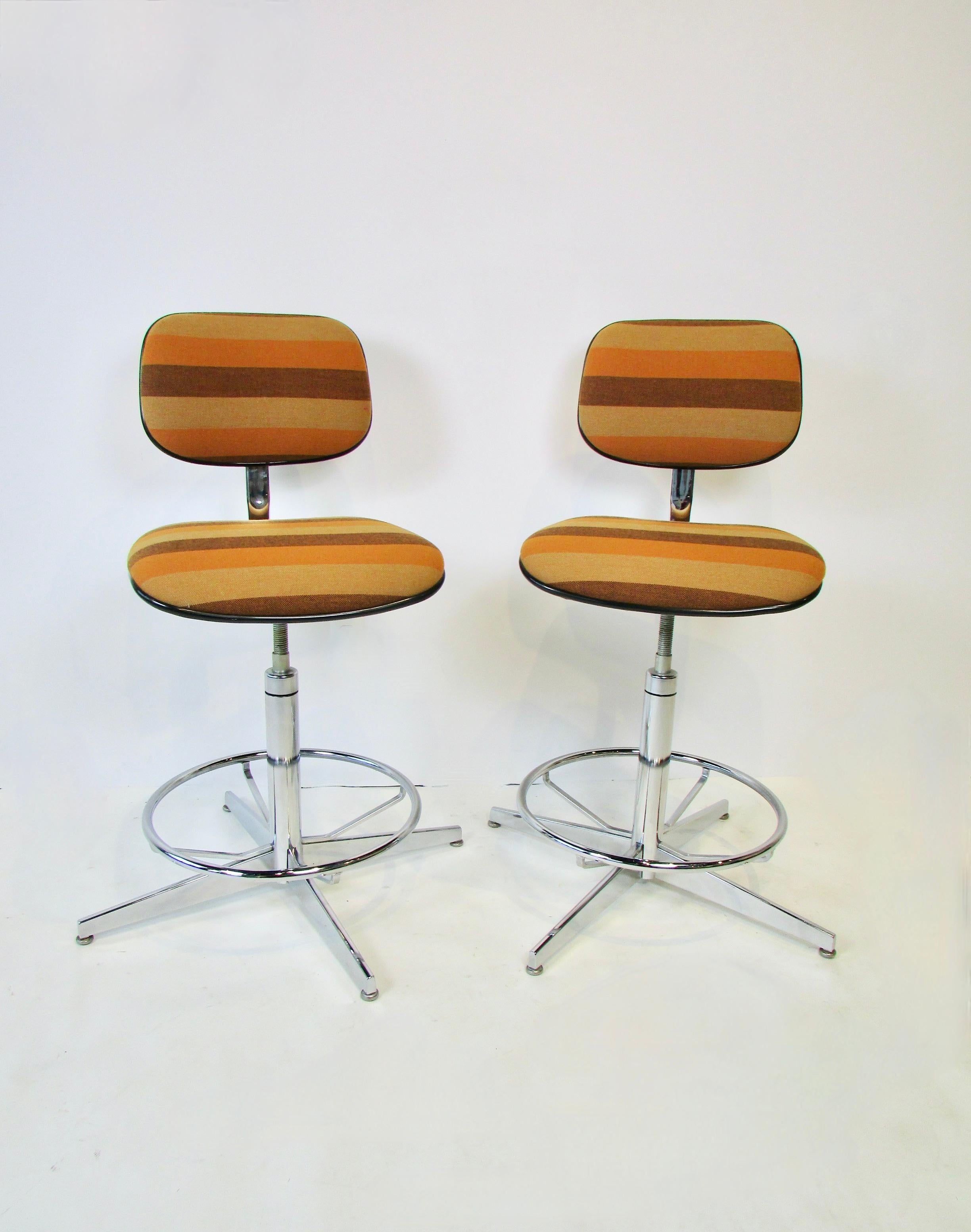 Chrome Pair of Multi Adjustable Steelcase Swivel Bar Stools in Girard Style Fabric For Sale