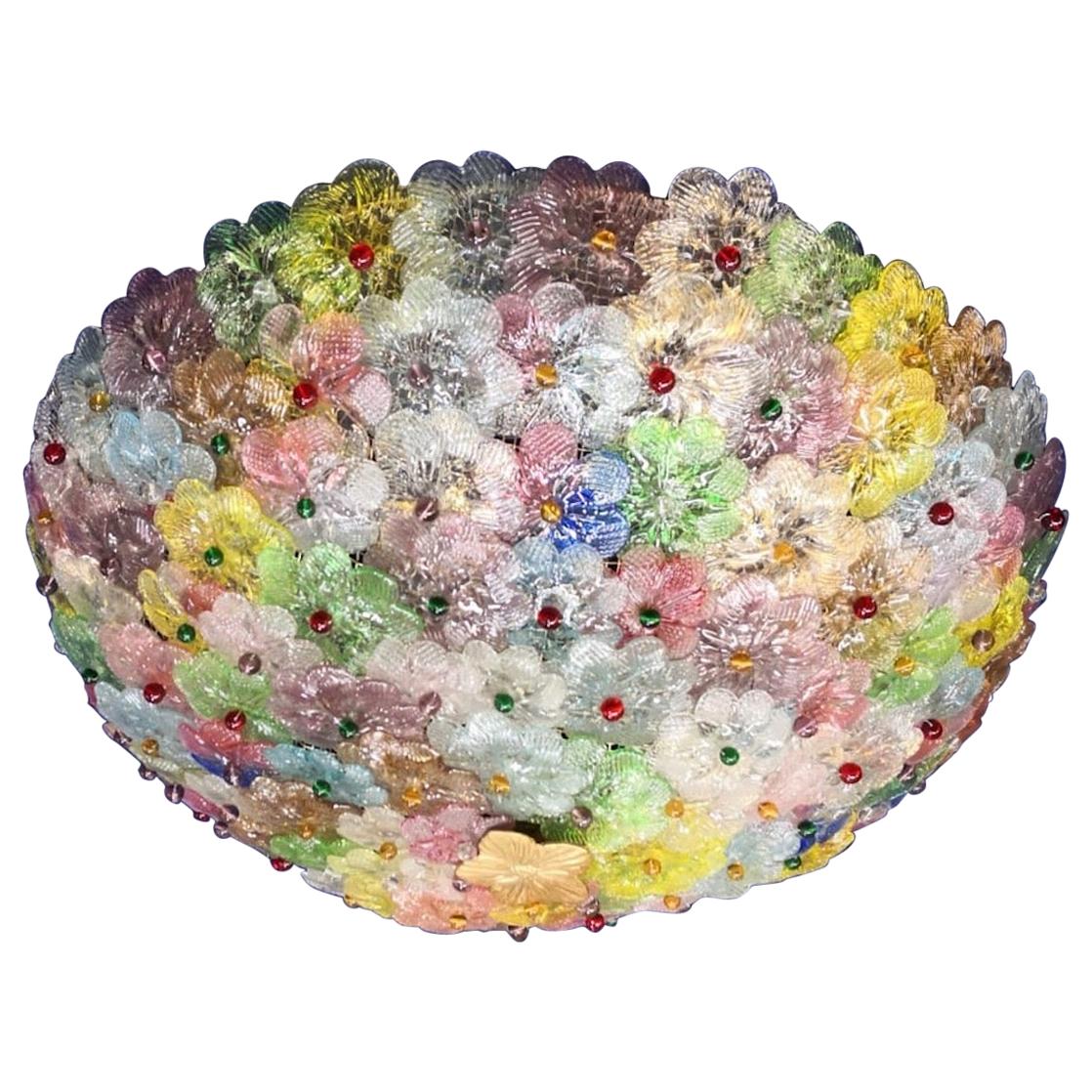 Amazing Mid-Century Modern hand blown Italian flush mount chandelier featuring overlapping multi-color crystal flowers, mounted on a webbed white painted frame.

Measures: Height
9.45 in. (24 cm).
Diameter
23.62 in. (60 cm).
5 x E27 \ 4 watt