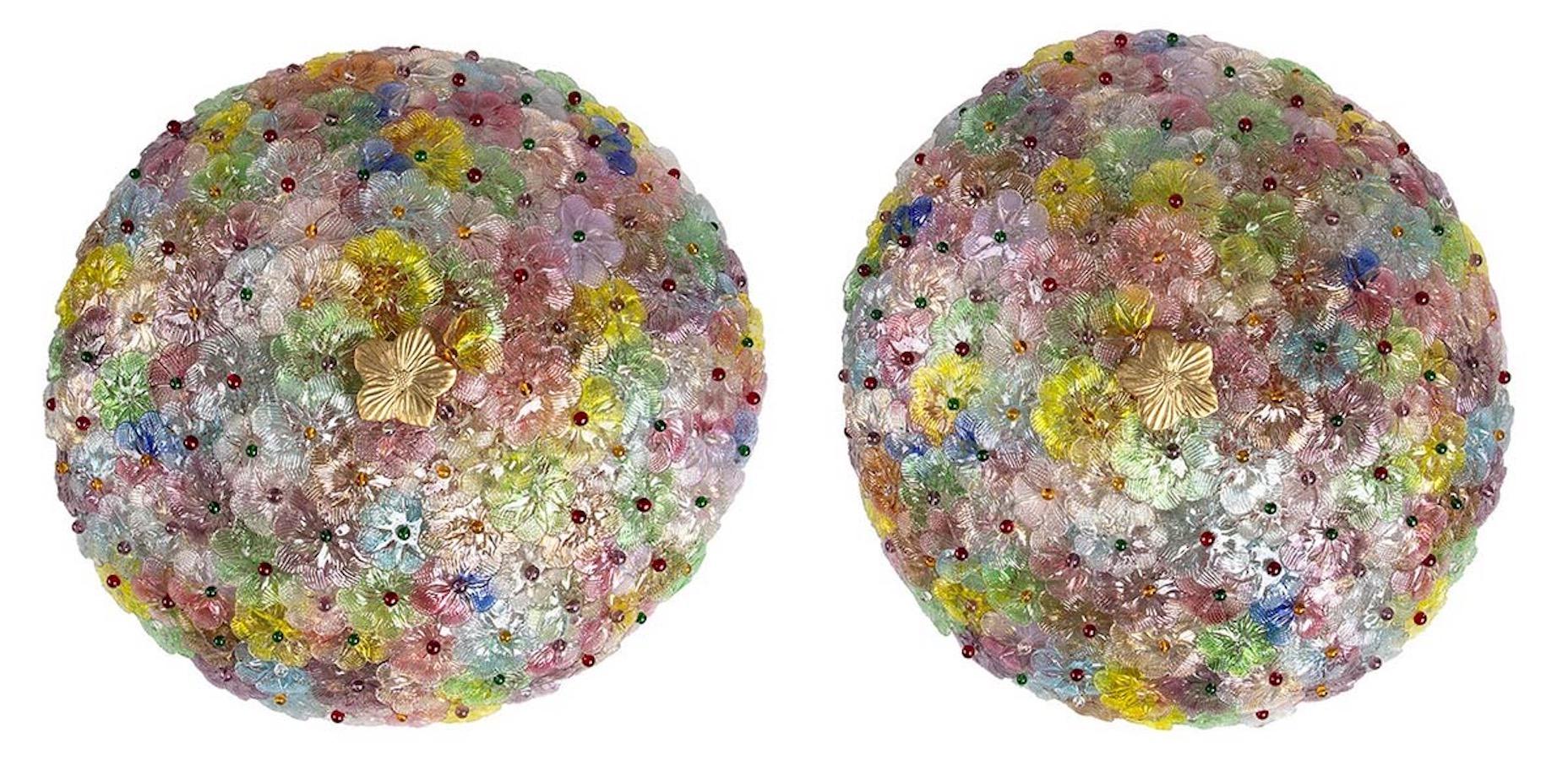 Mid-Century Modern Pair of Multi-Color Flowers Basket Murano Glass Ceiling Light For Sale