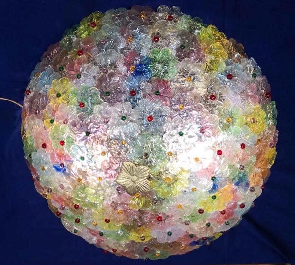 Pair of Multi-Color Flowers Basket Murano Glass Ceiling Light In Excellent Condition For Sale In Rome, IT