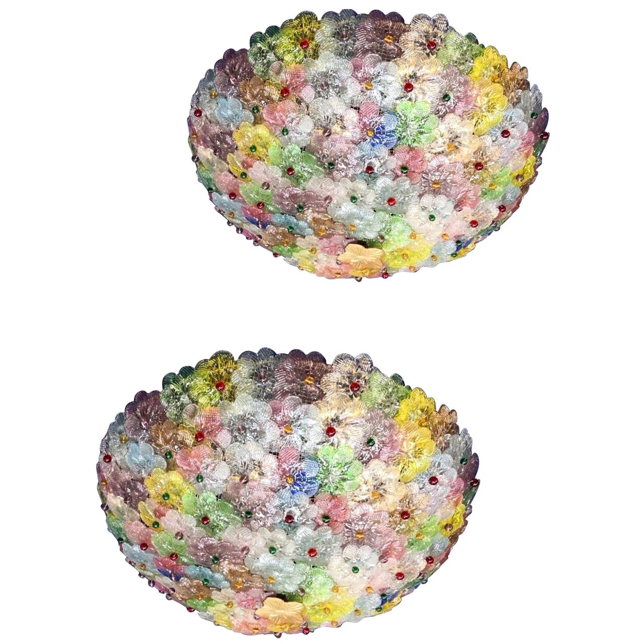 Pair of Multi-Color Flowers Basket Murano Glass Ceiling Light
