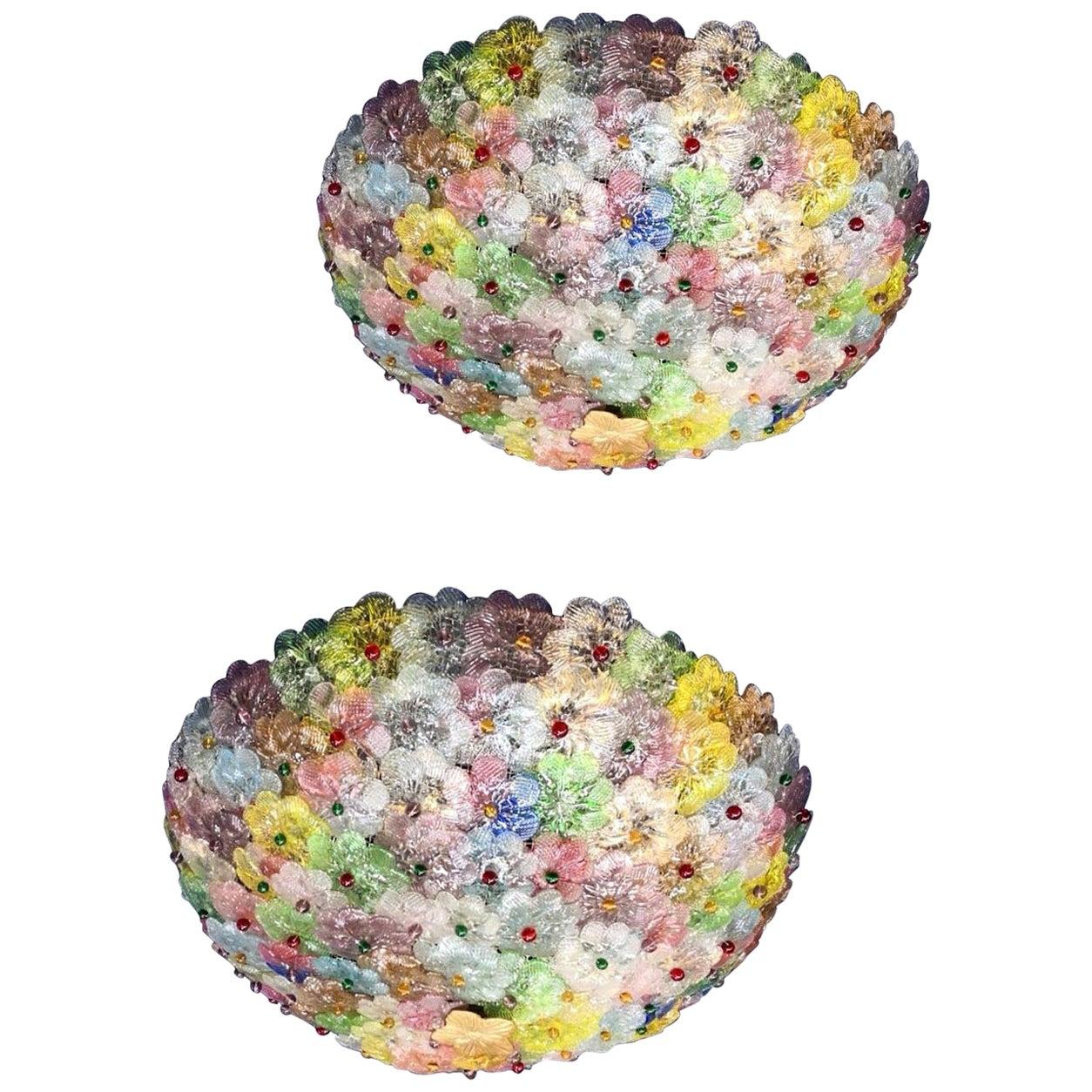 Pair of Multi-Color Flowers Basket Murano Glass Ceiling Light