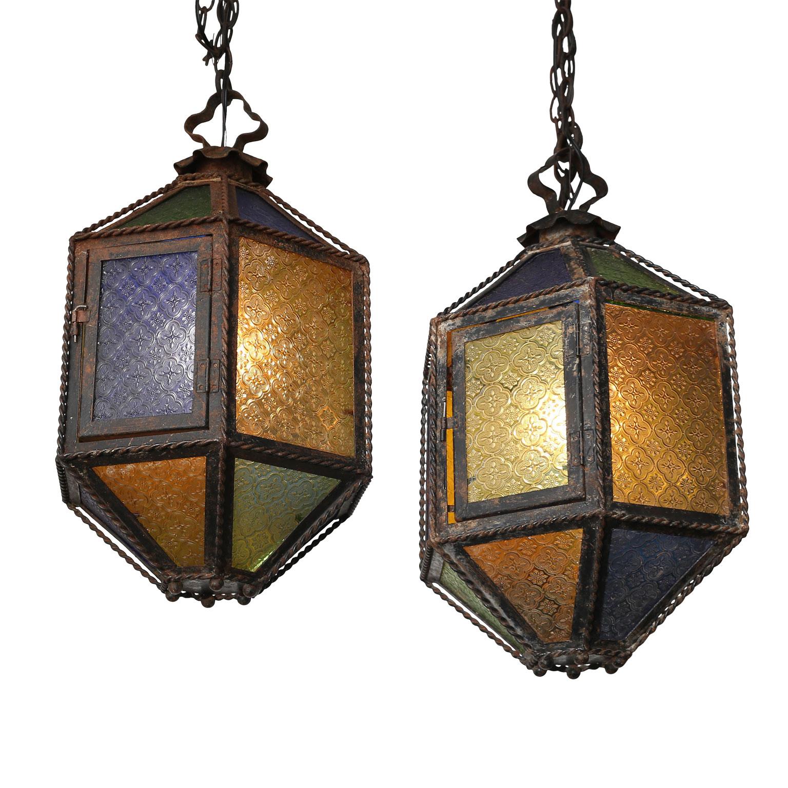 Pair of Multi-Color Glass and Tole Lanterns 4