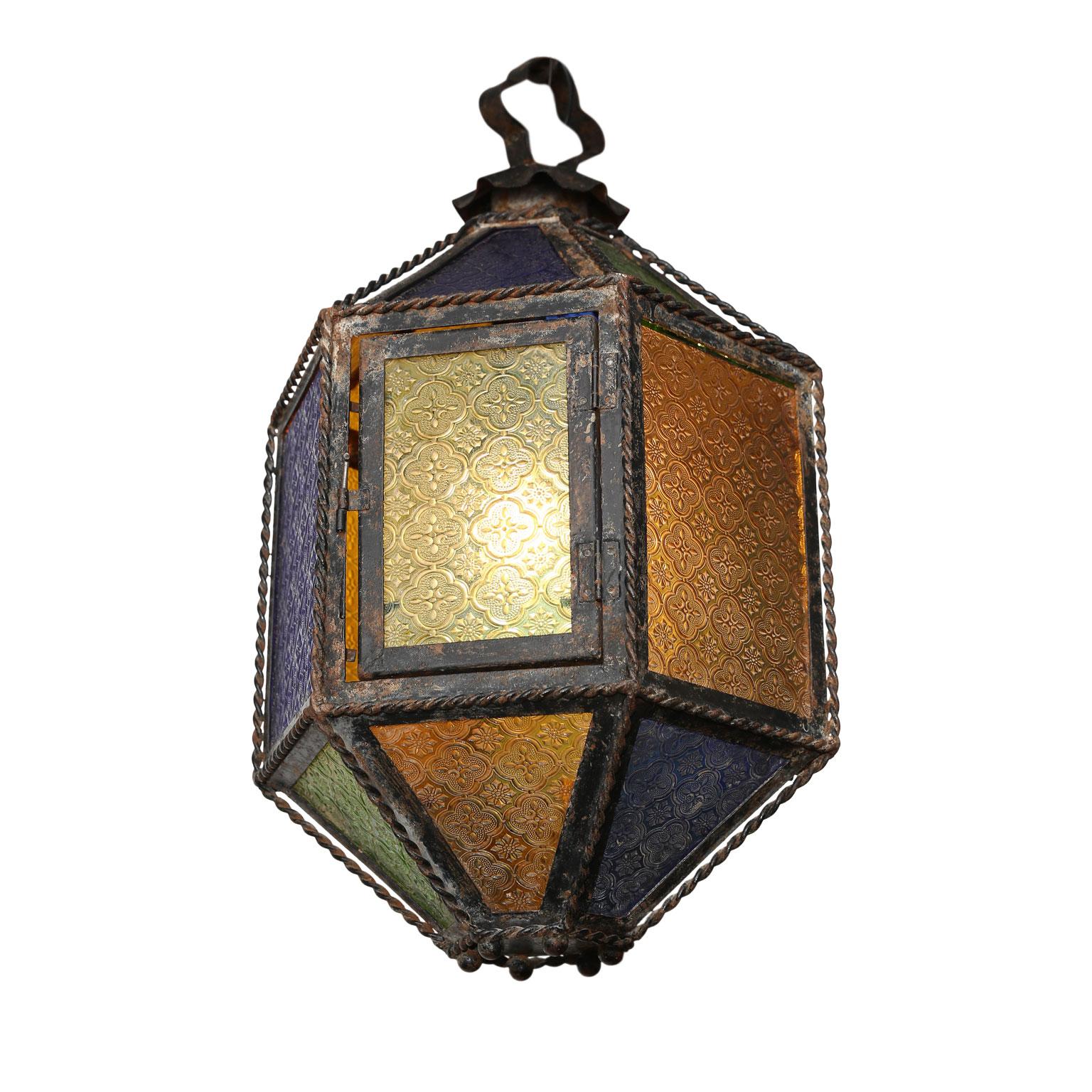 English Pair of Multi-Color Glass and Tole Lanterns