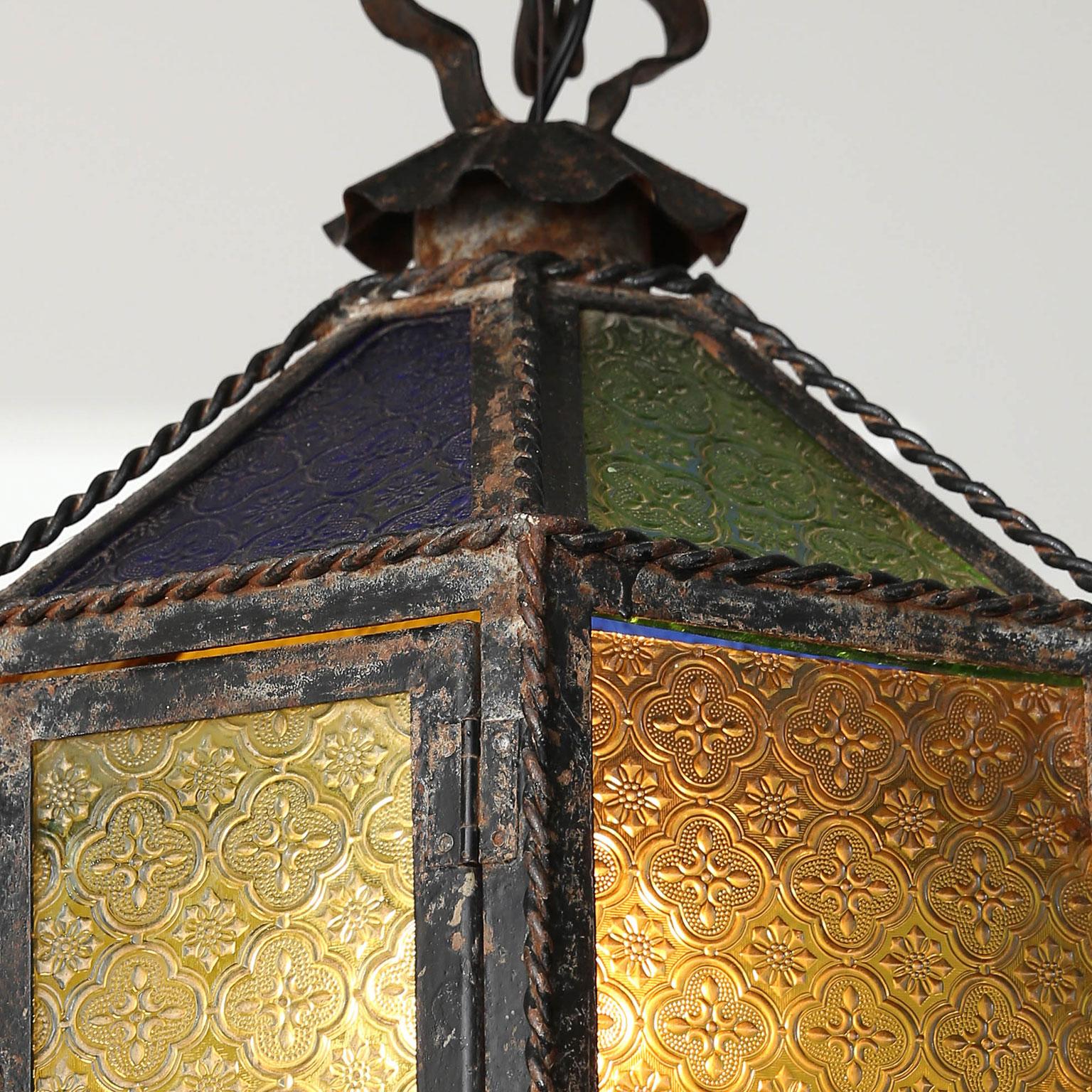 Forged Pair of Multi-Color Glass and Tole Lanterns