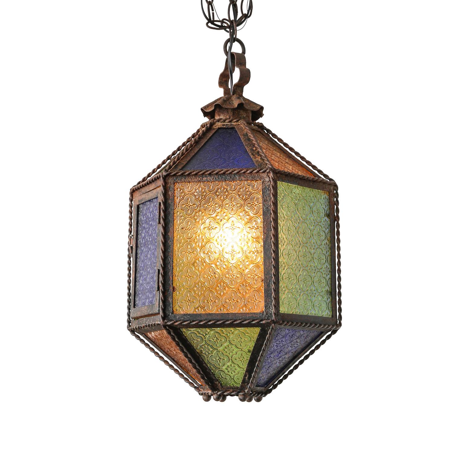 Metal Pair of Multi-Color Glass and Tole Lanterns