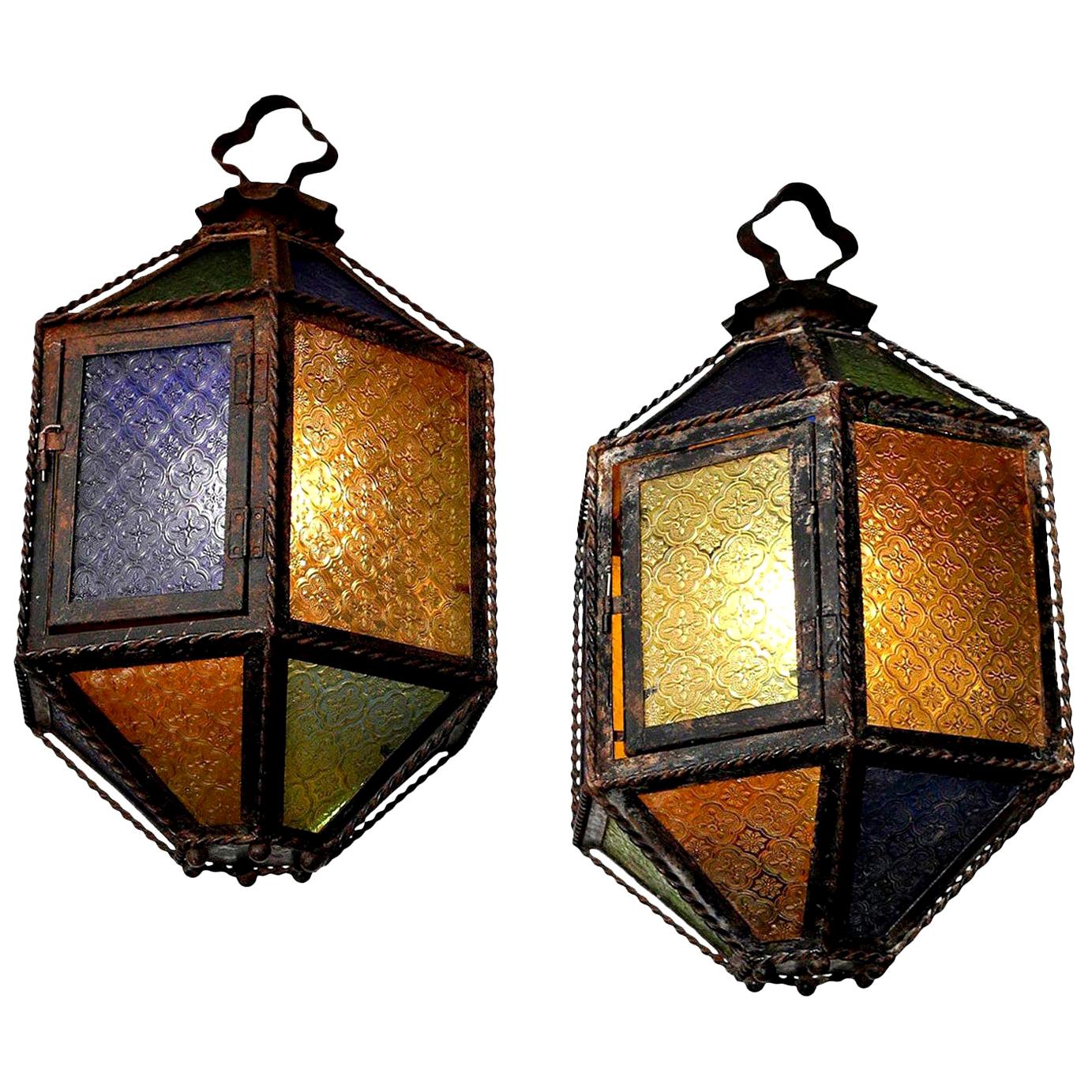 Pair of Multi-Color Glass and Tole Lanterns 5