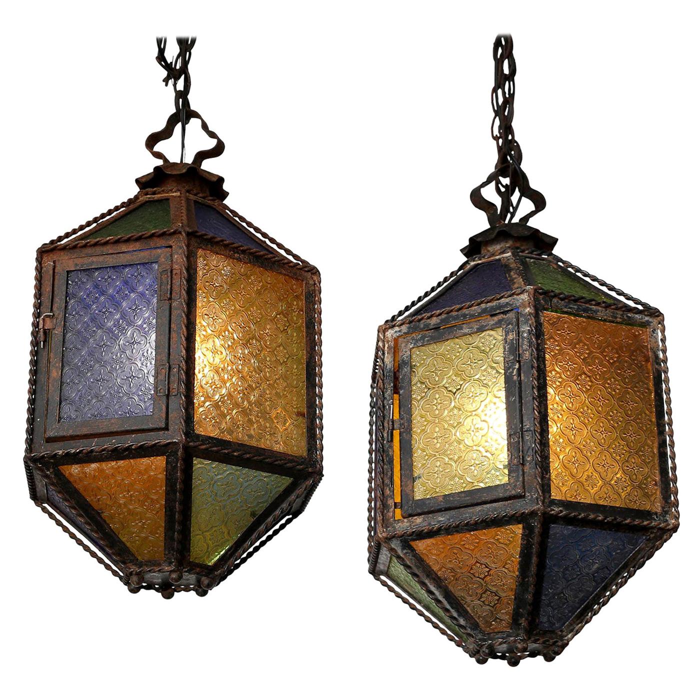 Pair of Multi-Color Glass and Tole Lanterns