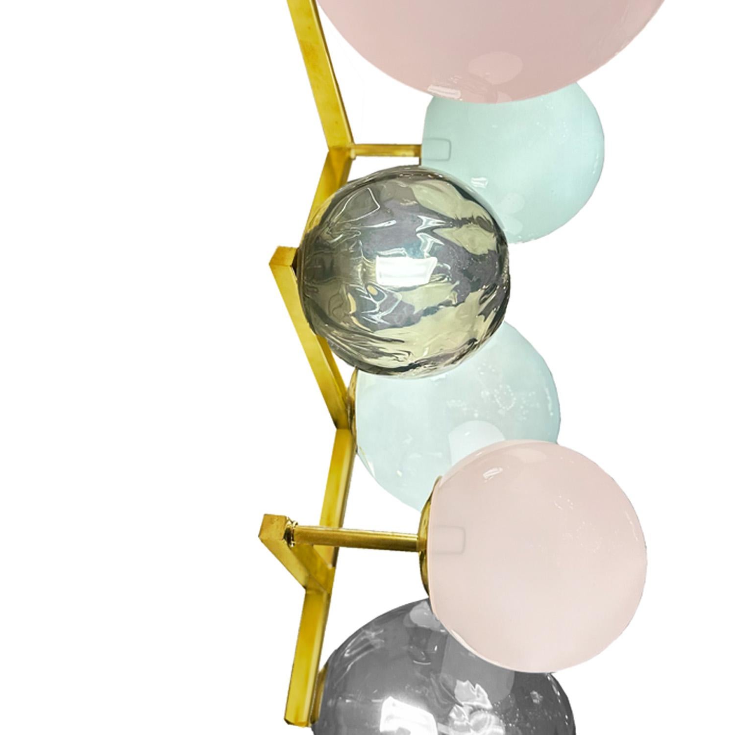 Mid-Century Modern Pair of Multi-Color Murano Glass Globe and Brass Sconces For Sale
