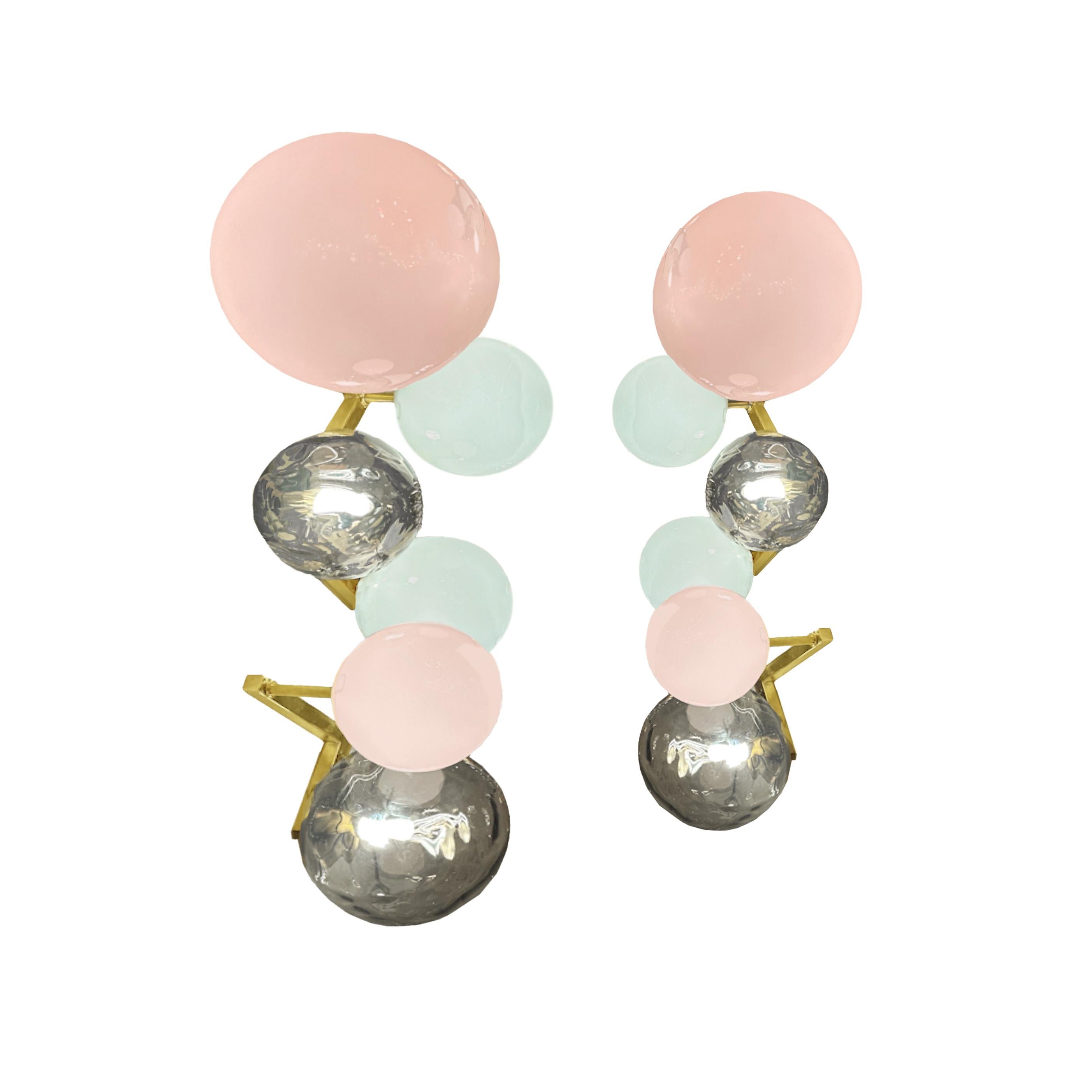 Italian Pair of Multi-Color Murano Glass Globe and Brass Sconces For Sale