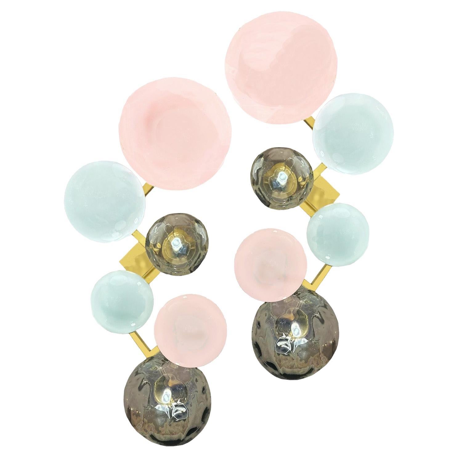 Pair of Multi-Color Murano Glass Globe and Brass Sconces