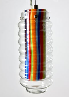 Coppia di lampade a sospensione cilindriche in vetro a righe multicolore di Kovacs