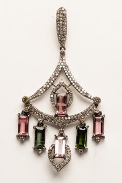 Pair of Multi-Colored, Emerald-Cut Tourmaline and Diamond Chandelier Earrings