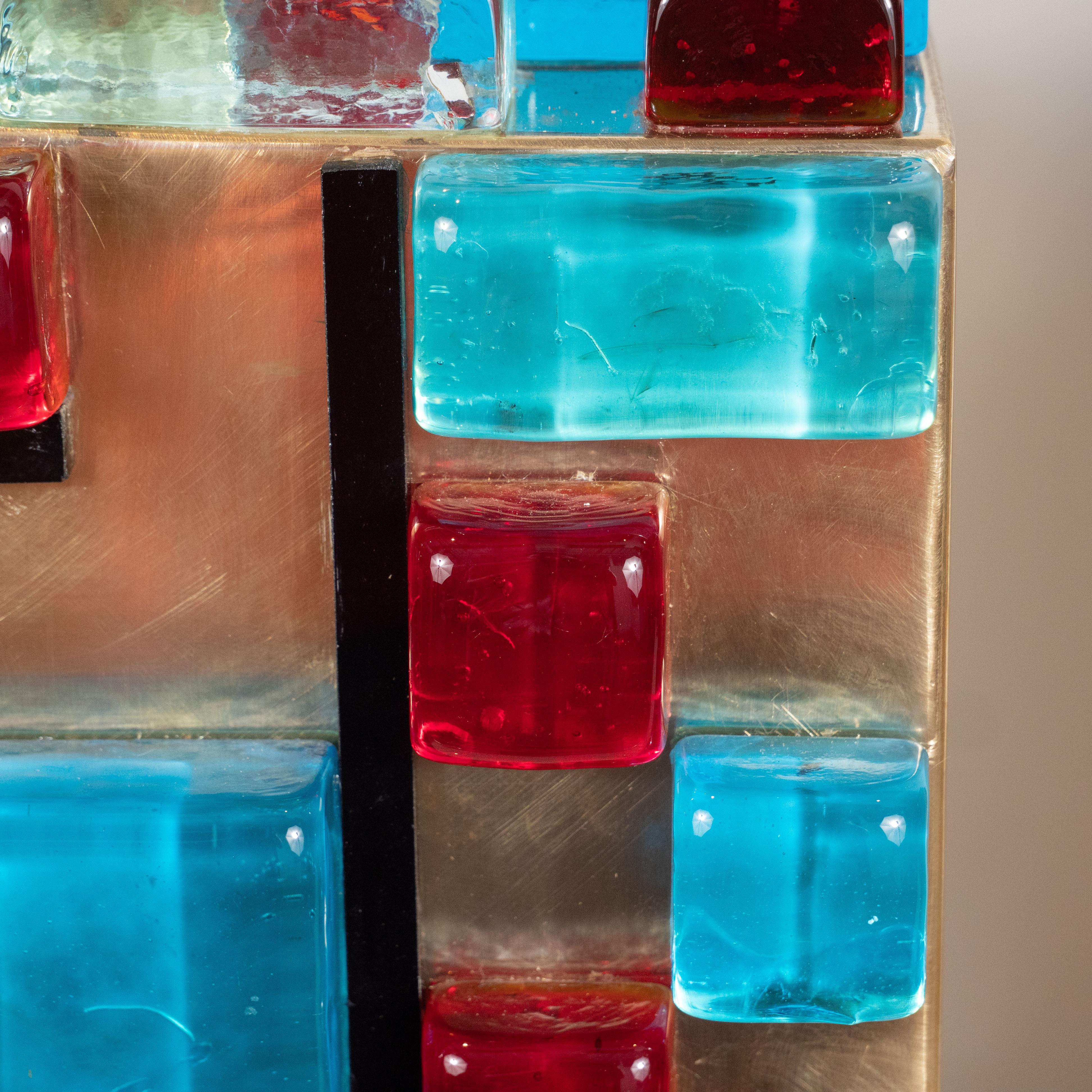 Paar geometrische quadratische Lampen aus Murano-Glas und Messing, Italien, mehrfarbig im Angebot 4