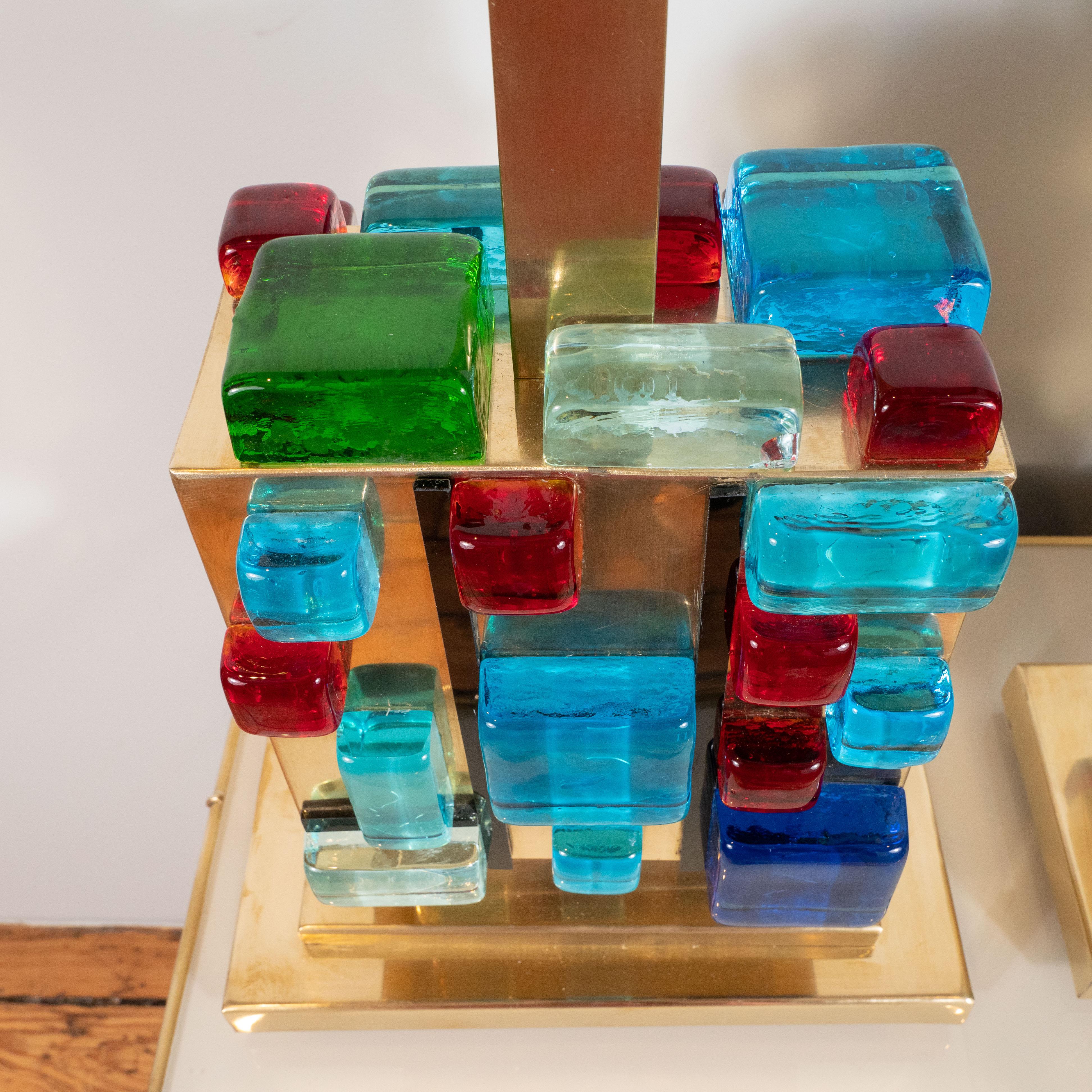 Pair of Multi-Colored Murano Glass and Brass Geometric Square Lamps, Italy For Sale 1